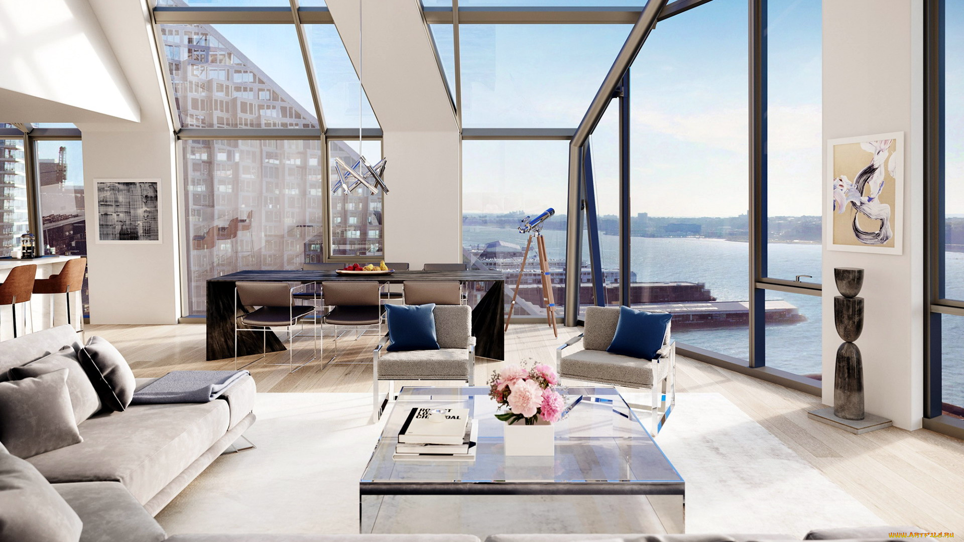 интерьер, гостиная, диван, телескоп, стол