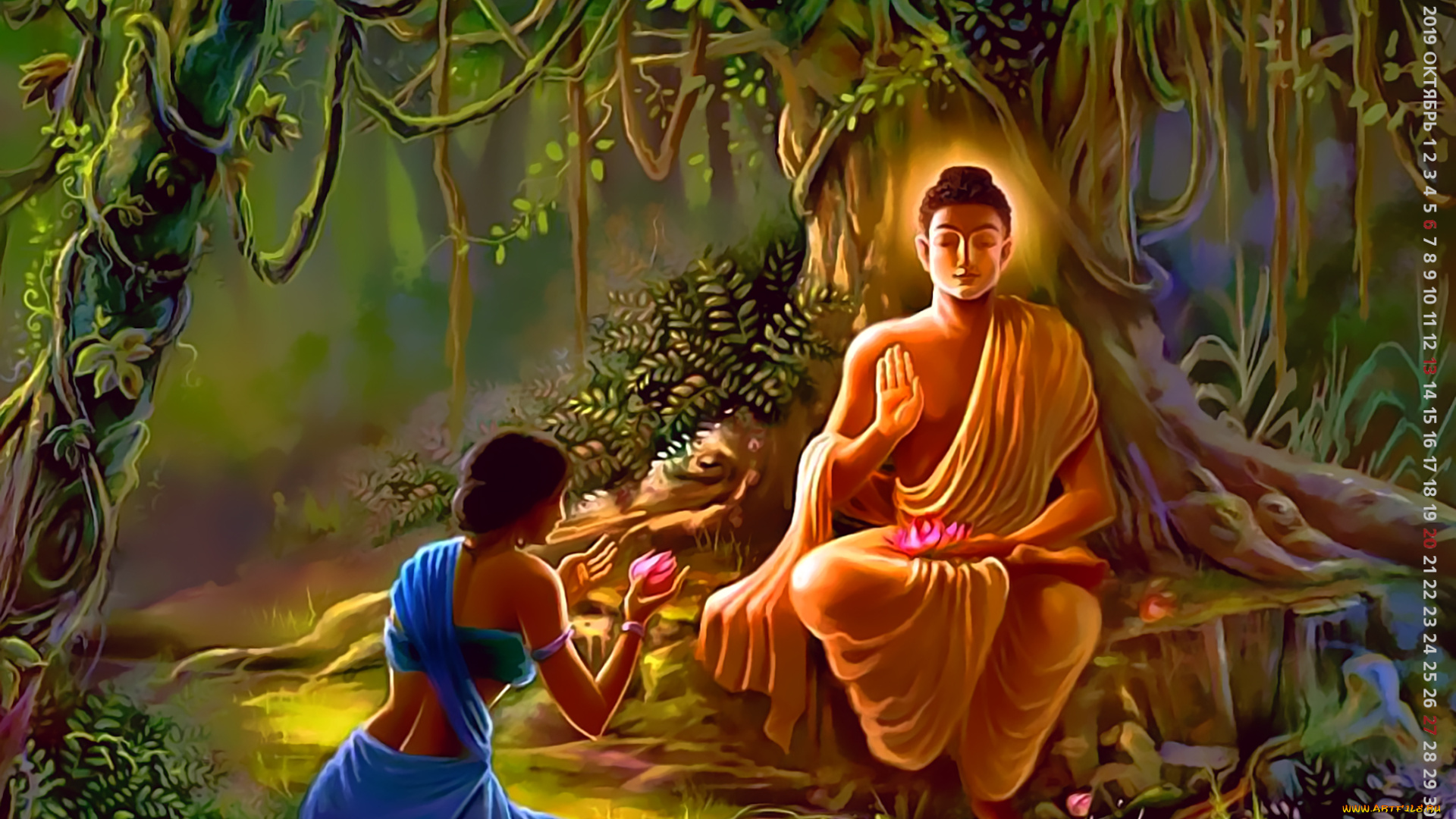 календари, фэнтези, девушка, будда, calendar, 2019, молитва, растение, дерево, бог