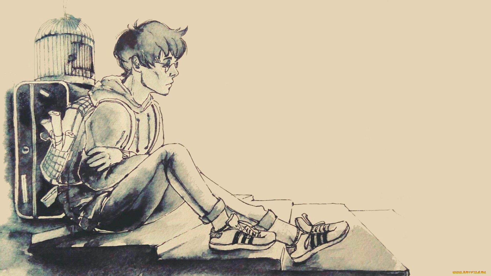 рисованное, кино, рюкзак, ступени, гарри, поттер, клетка, чемодан