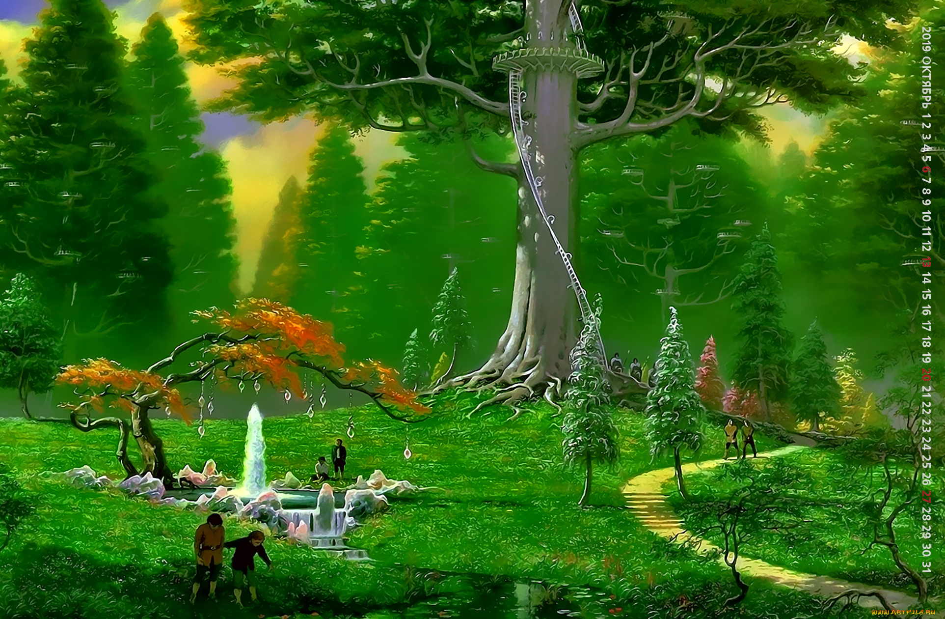 календари, фэнтези, дерево, лес, люди, природа, calendar, 2019