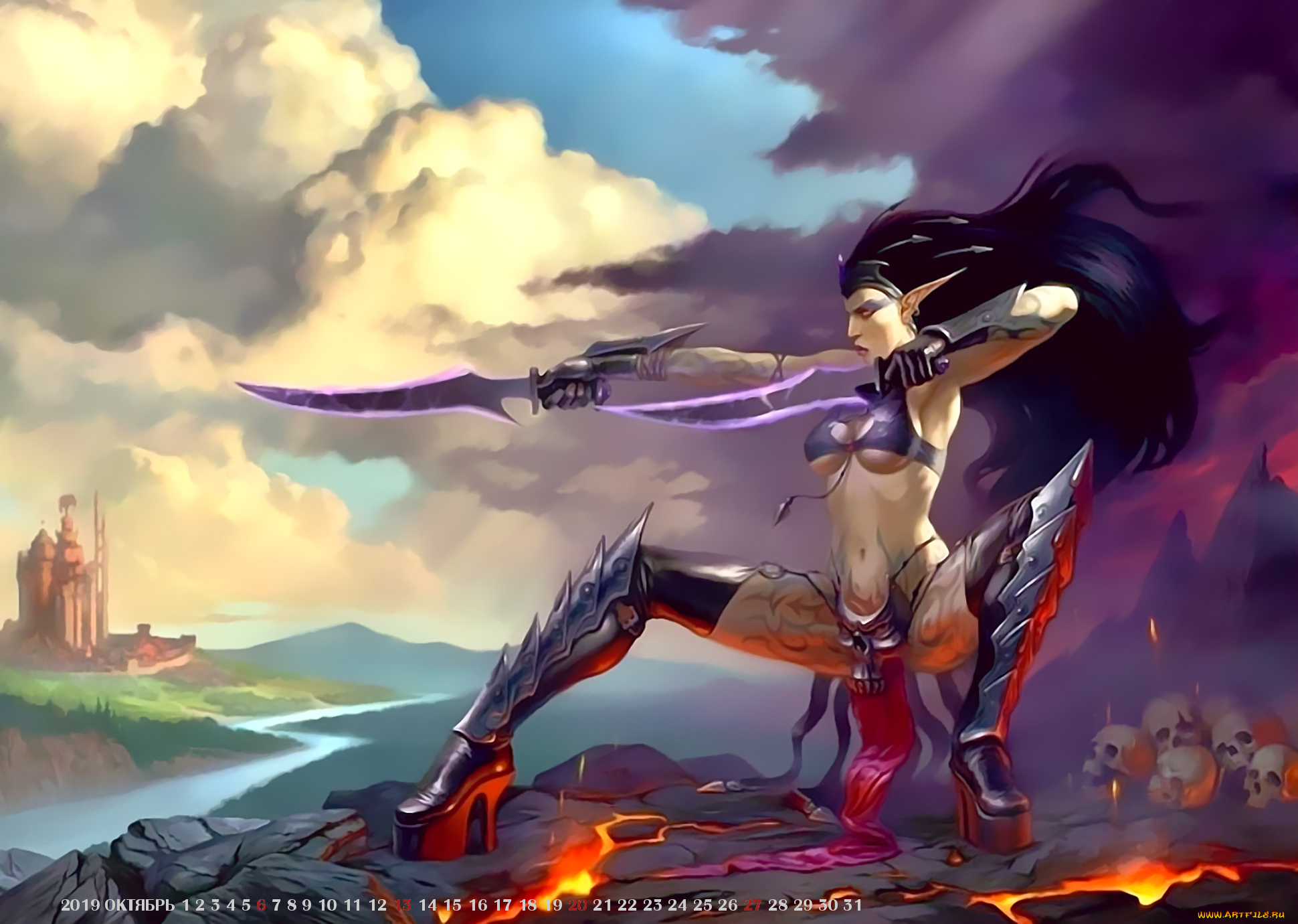 календари, фэнтези, оружие, эльф, женщина, 2019, calendar, воительница, череп