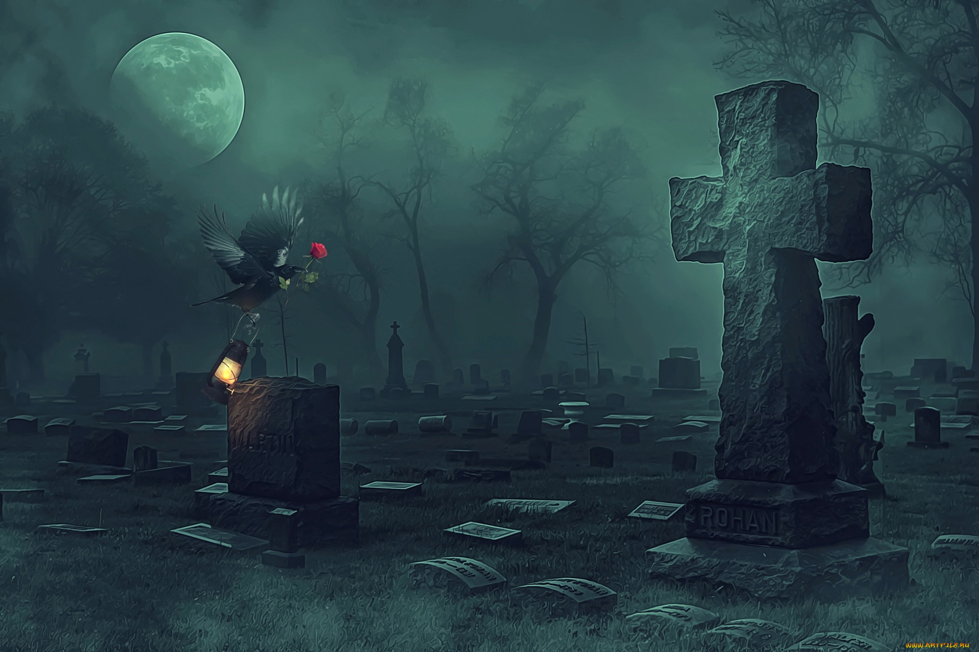 фэнтези, фотоарт, лампа, роза, ворон, фон, кладбище