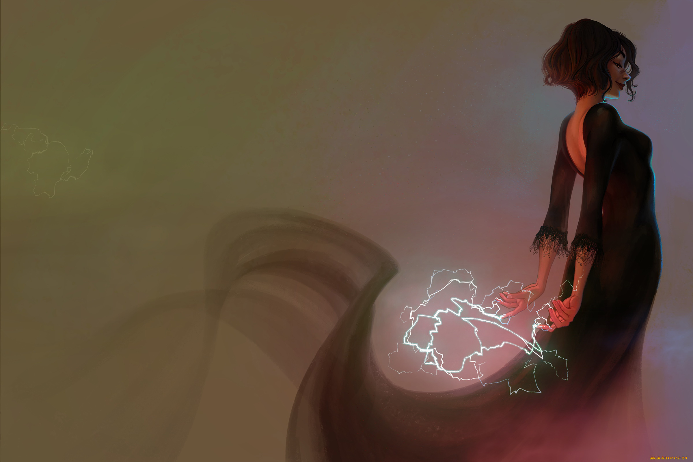 фэнтези, магия, улыбка, фон, молния, девушка