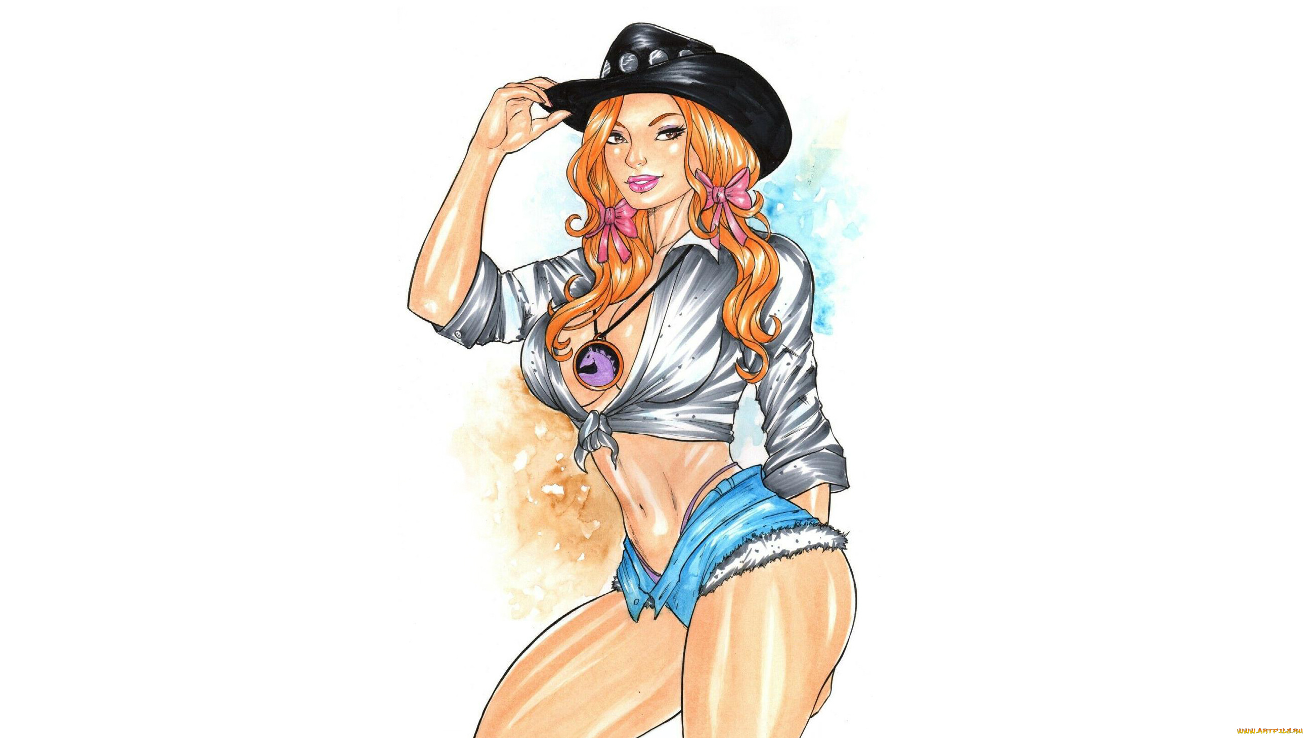 рисованное, elberty, oliveira, девушка, фон, взгляд, кулон, шляпа, улыбка