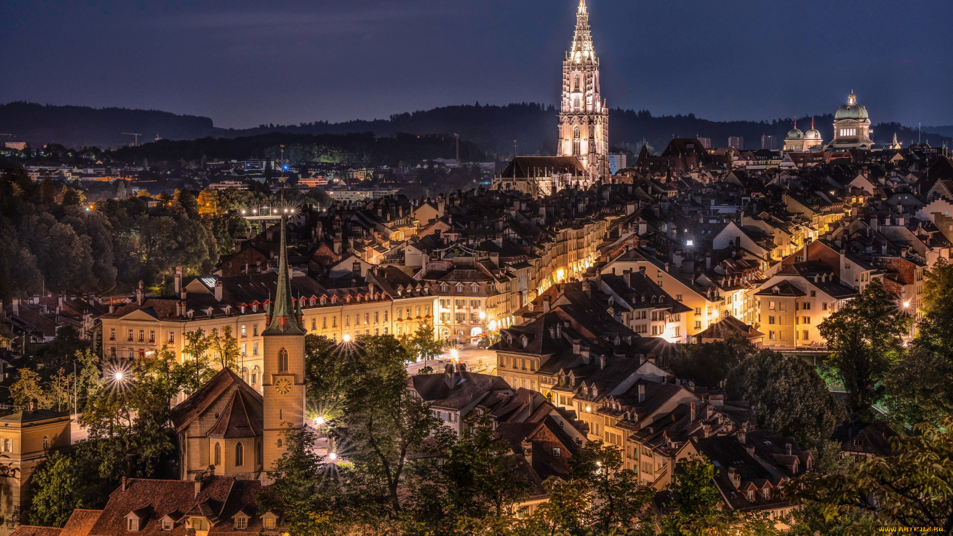 города, берн, , швейцария, вечер, огни, панорама