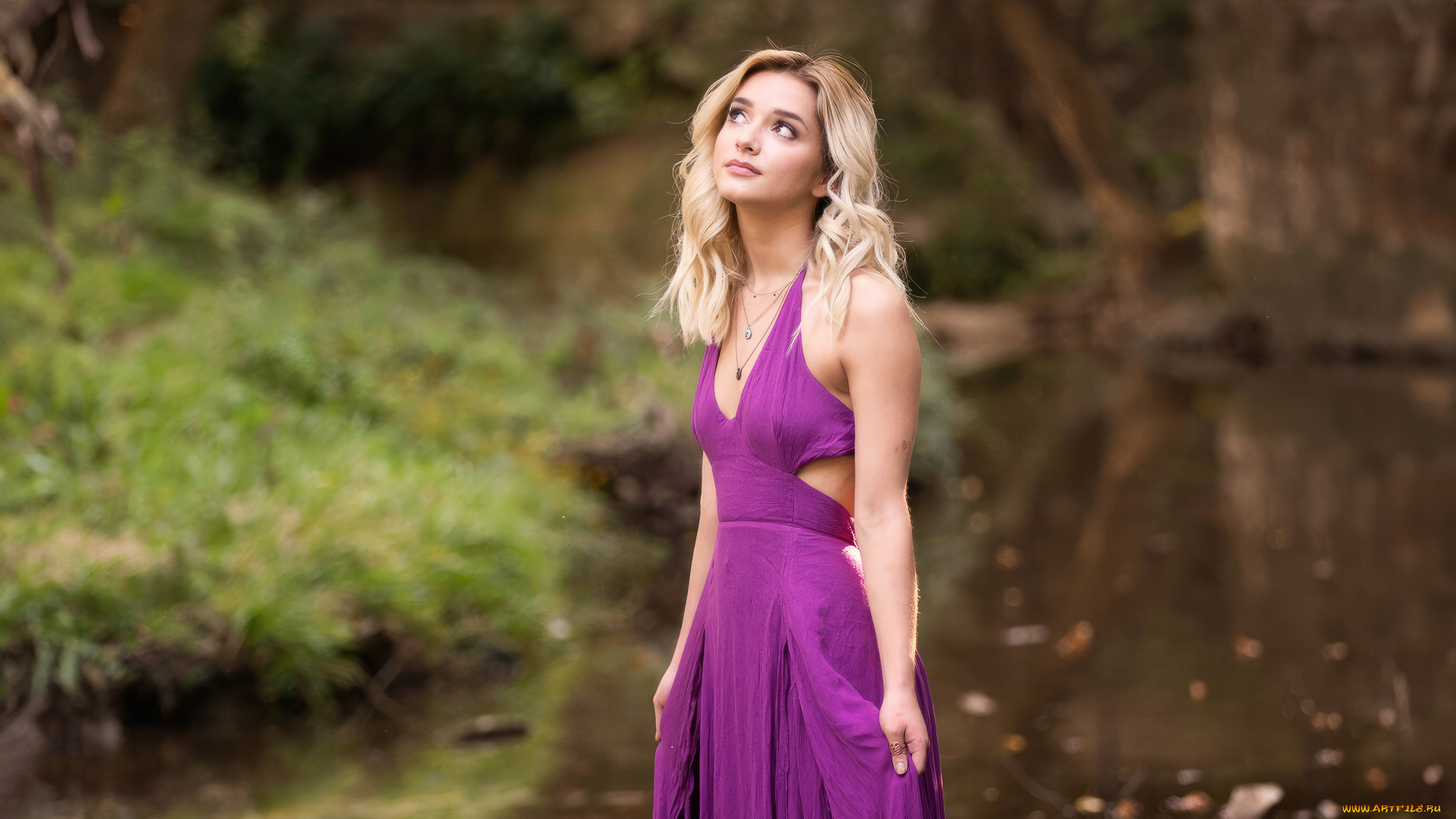 девушки, -, блондинки, , светловолосые, красивая, девушка, лавандовое, платье, водоем, блондинка