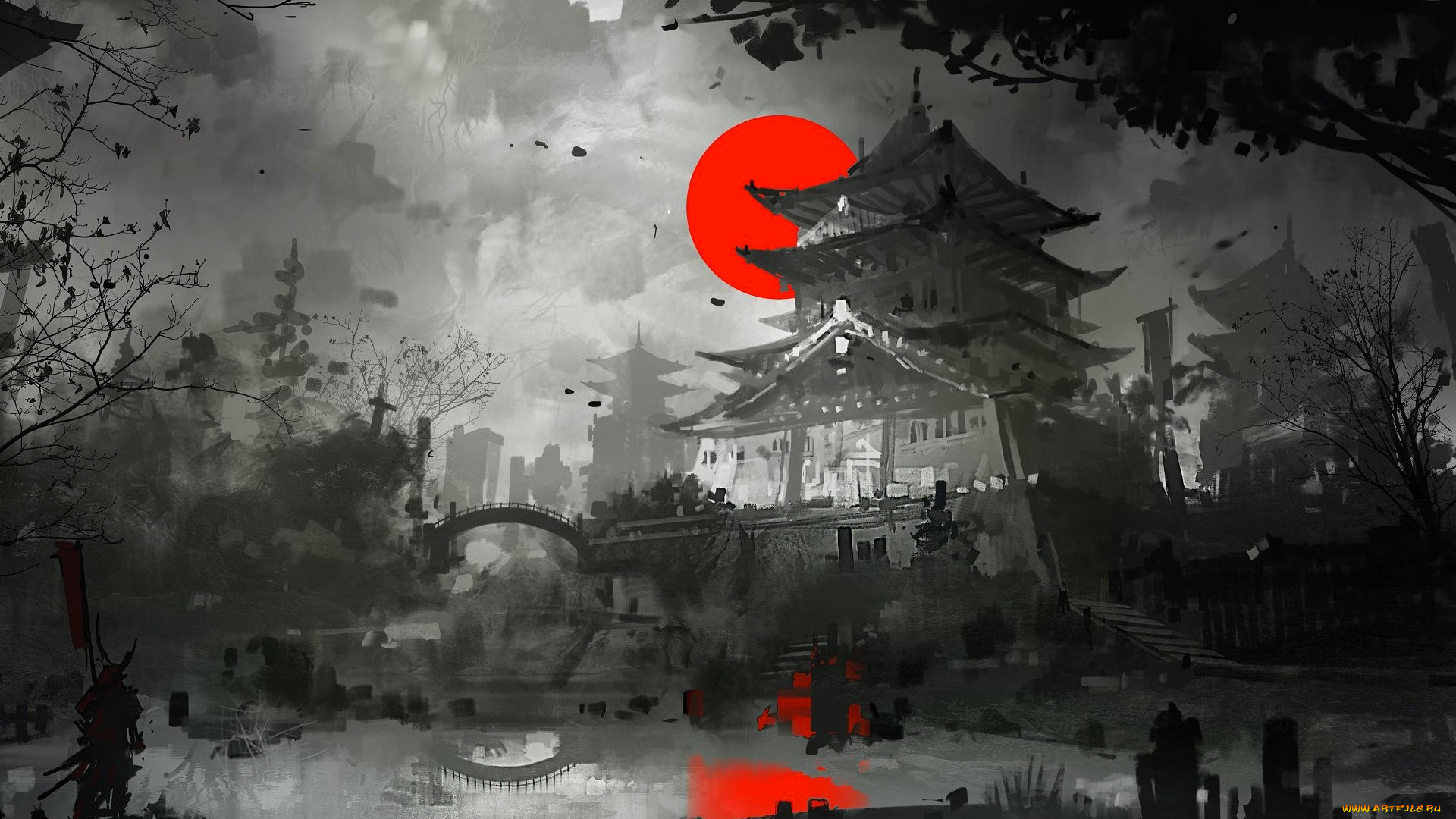 рисованное, города, дворец, постройки, сад, озеро