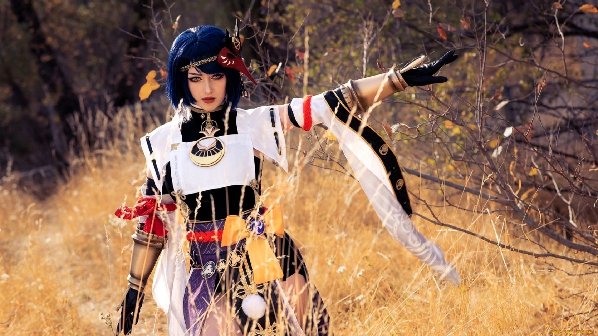 девушки, мария, давыдова, , lady, melamori, образ, косплей, наряд, костюм, трава, лес, деревья, кусты, осень