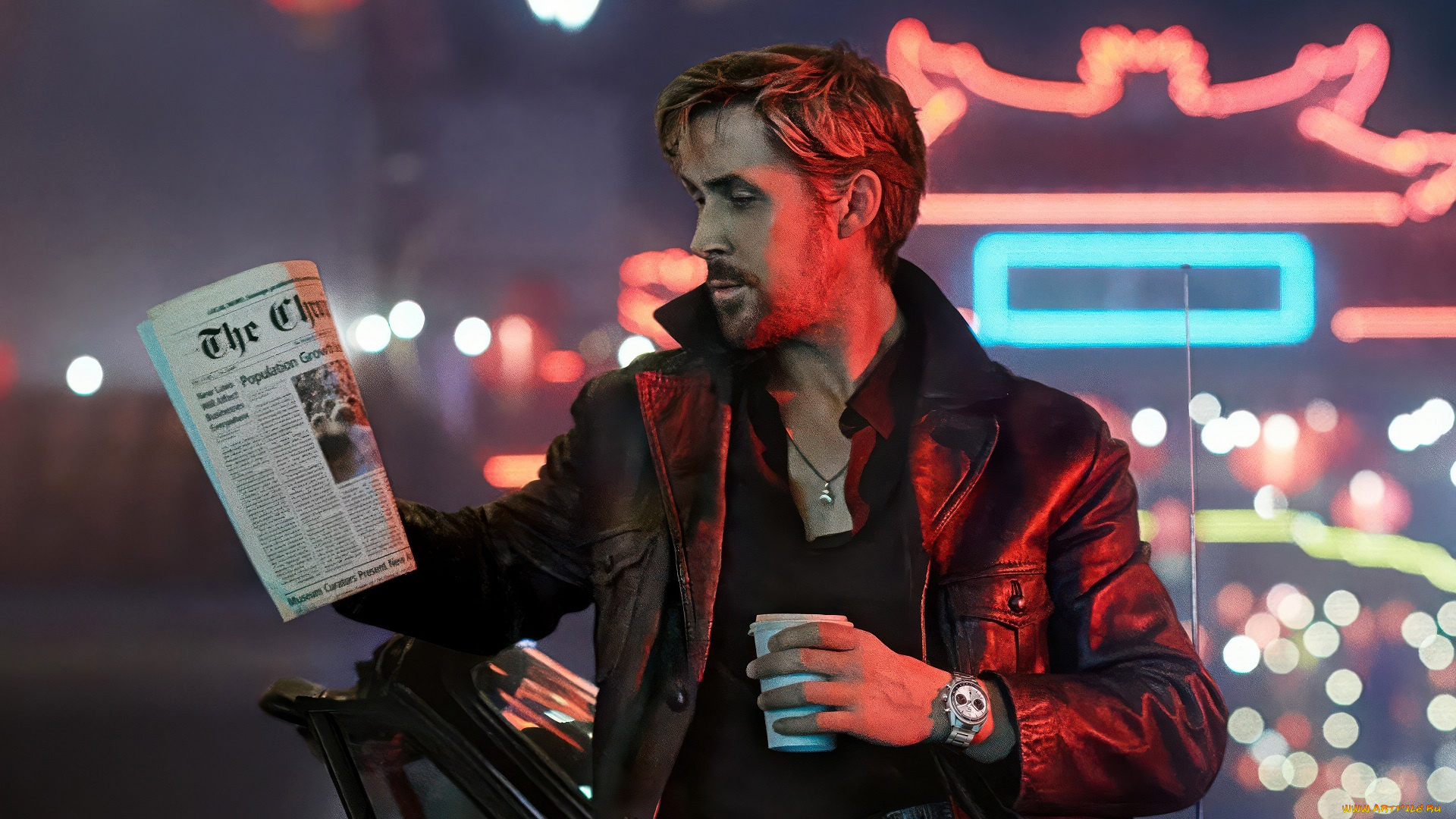 кино, фильмы, drive, ryan, gosling, газета, куртка, часы, стакан, машина, неон