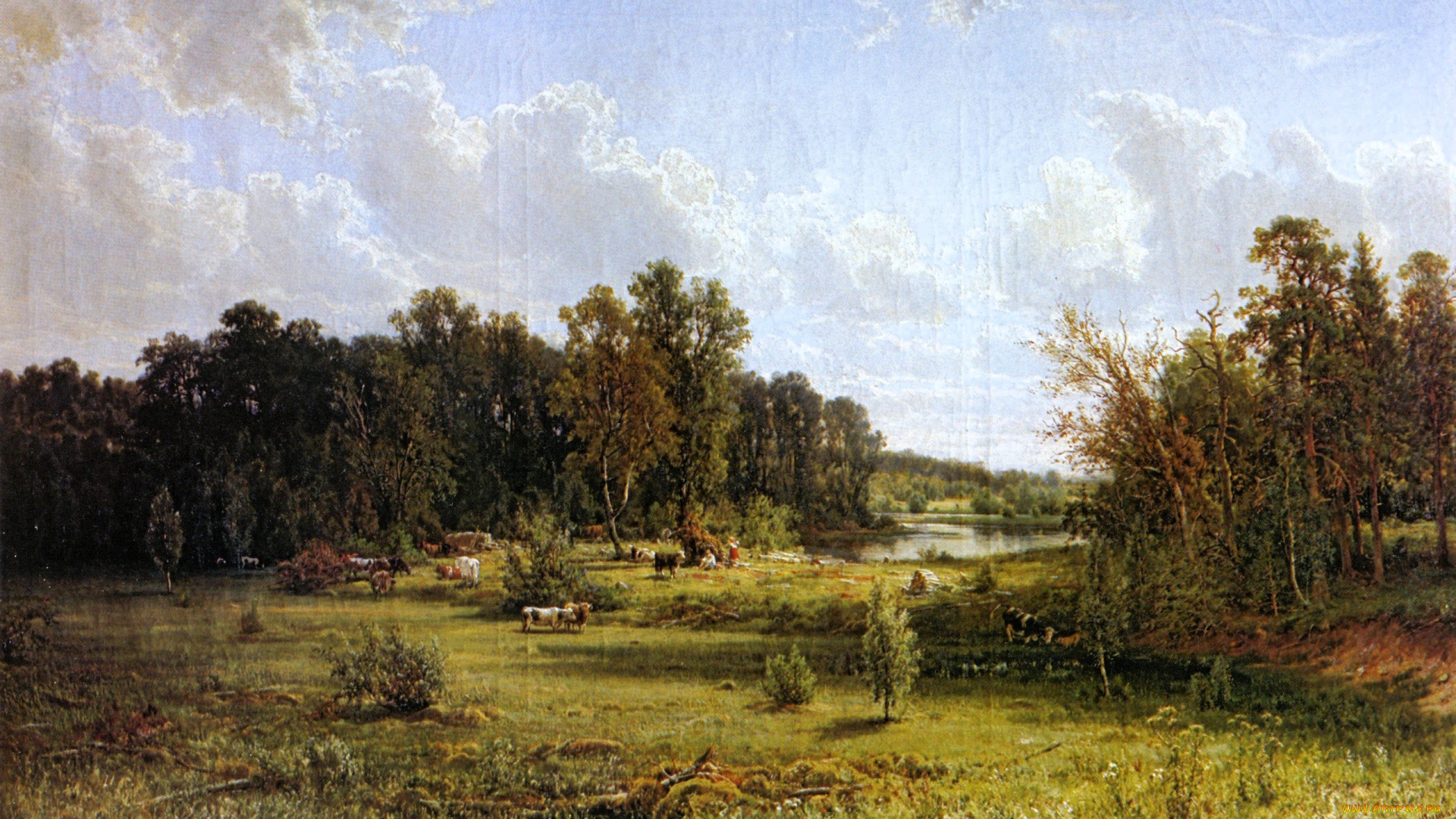 рисованное, иван, шишкин, лес, деревья, поляна, коровы, люди