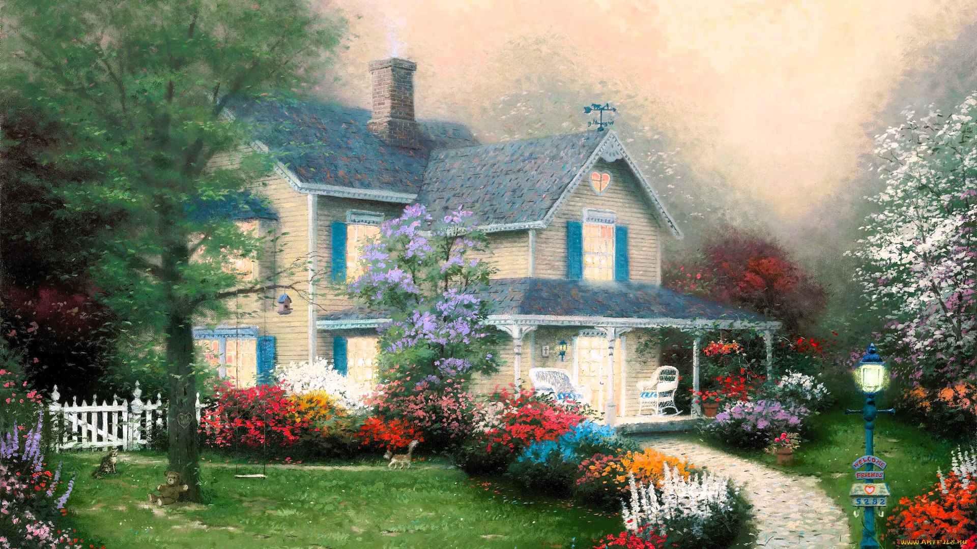 рисованное, thomas, kinkade, дом, дорожка, сад, деревья, цветы