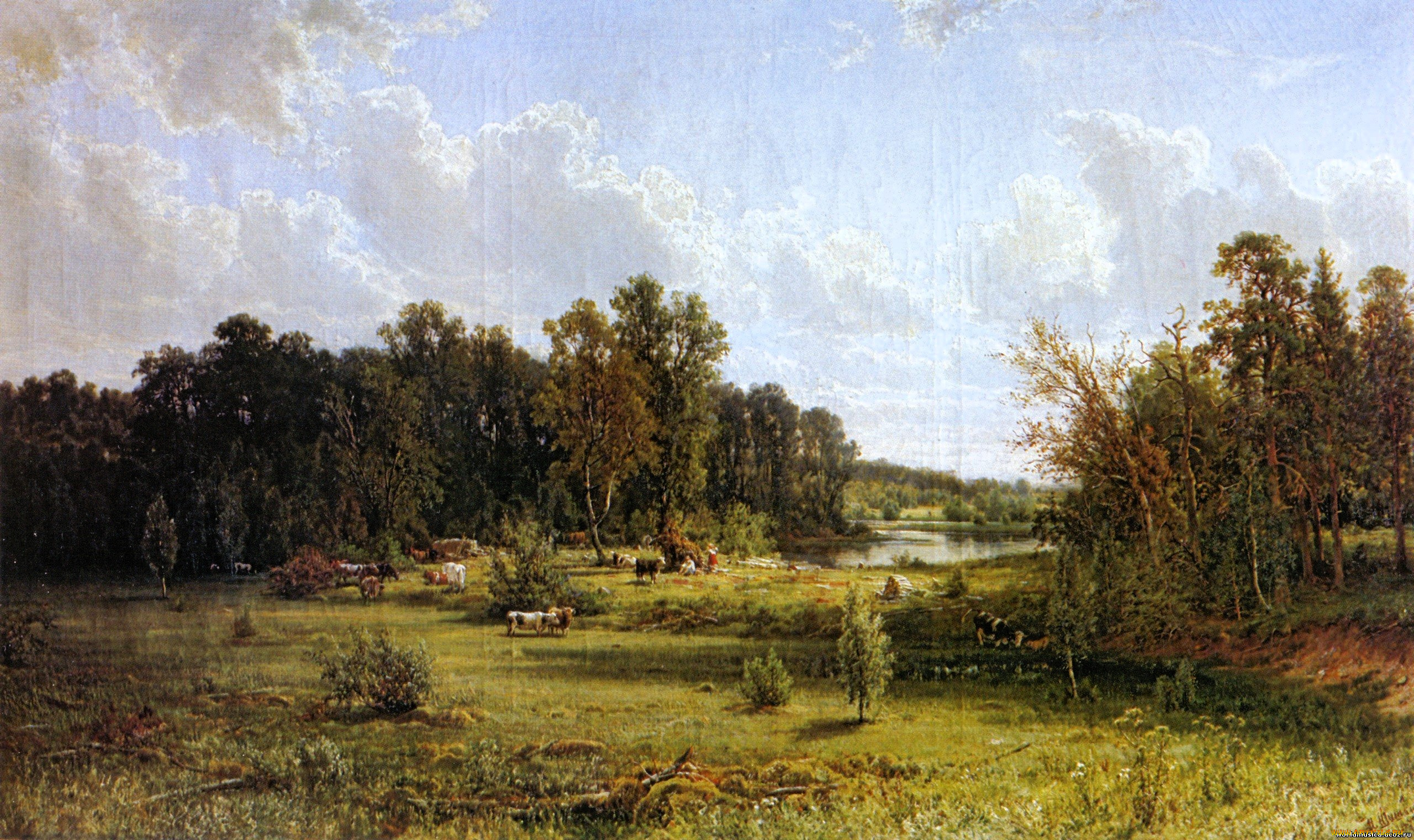 рисованное, иван, шишкин, лес, деревья, поляна, коровы, люди