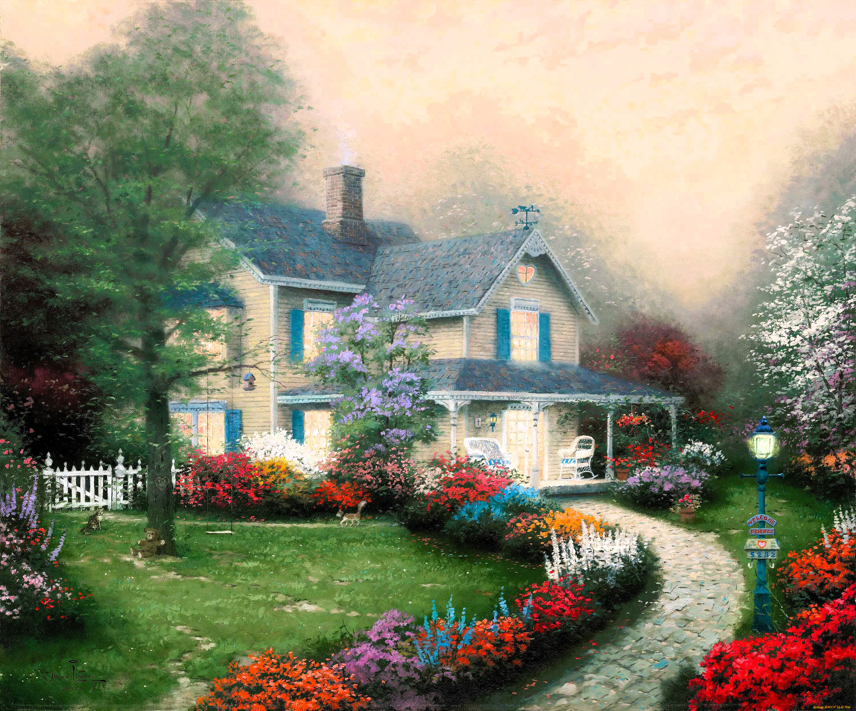 рисованное, thomas, kinkade, дом, дорожка, сад, деревья, цветы