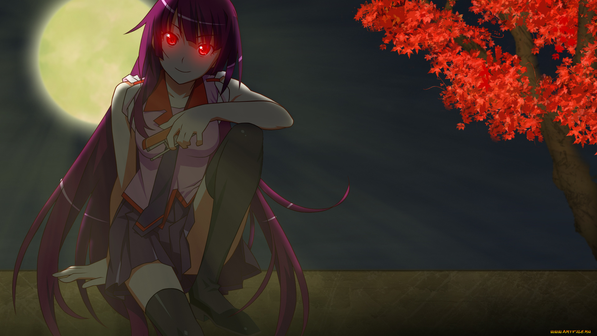 bakemonogatari, аниме, senjougahara, hitagi, девушка, форма, инструменты, степлер, луна, полнолуние, ночь, дерево, листья