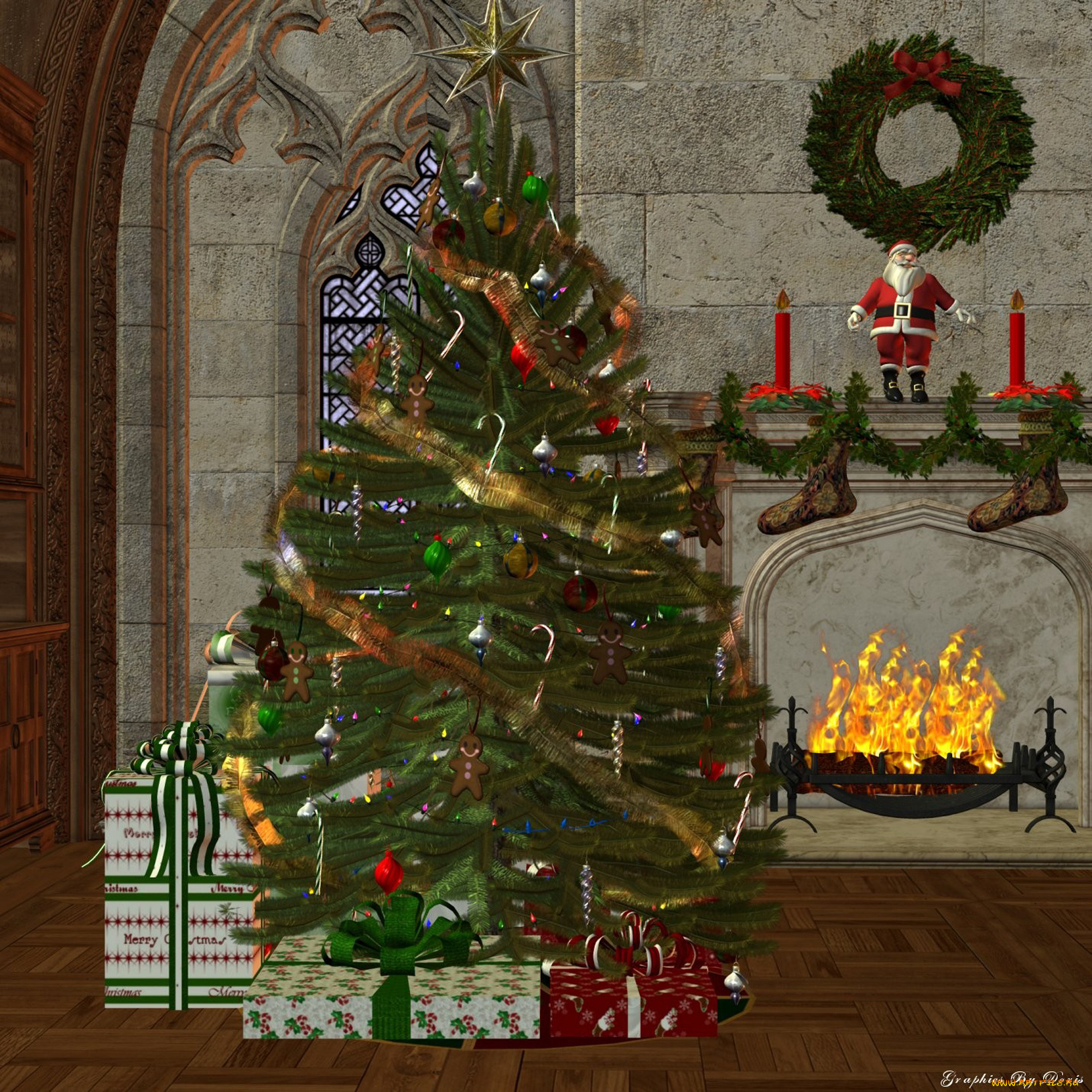 3д, графика, holidays, праздники, камин, украшения, подарки, ель