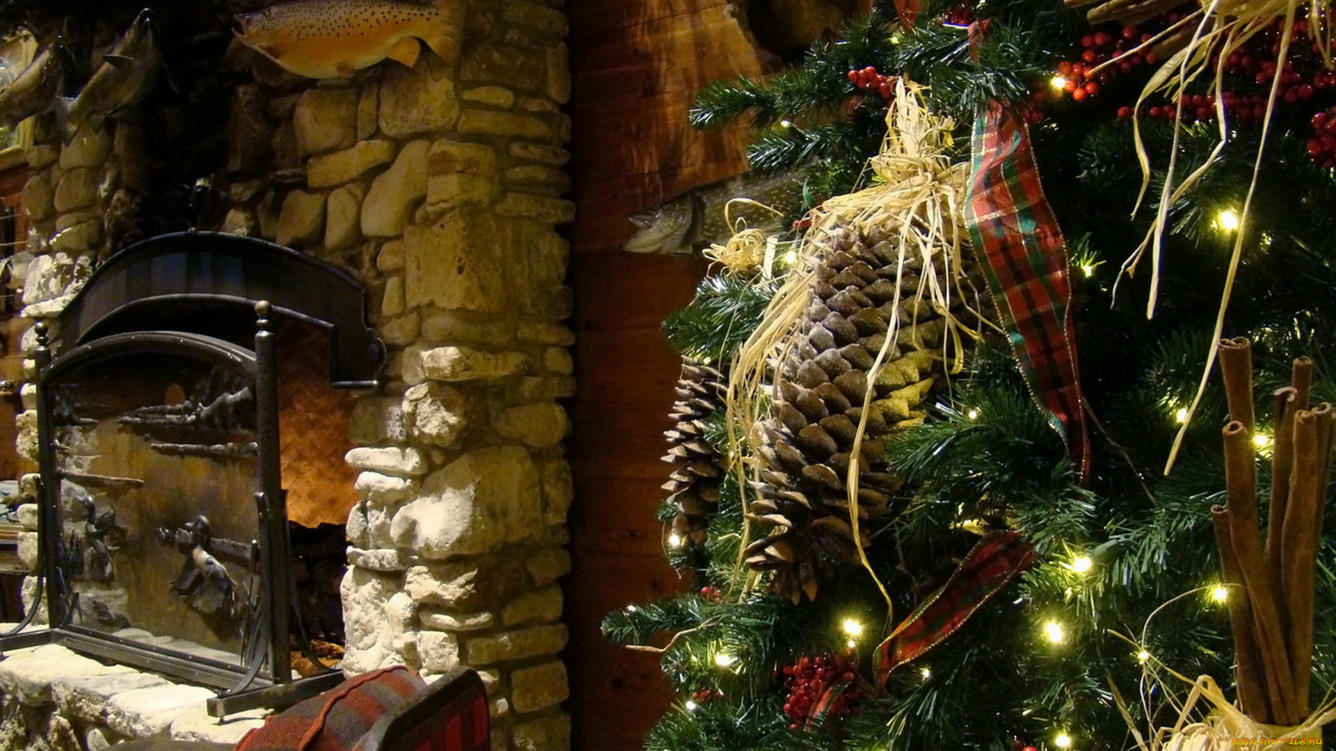 праздничные, новогодний, очаг, украшения, елка