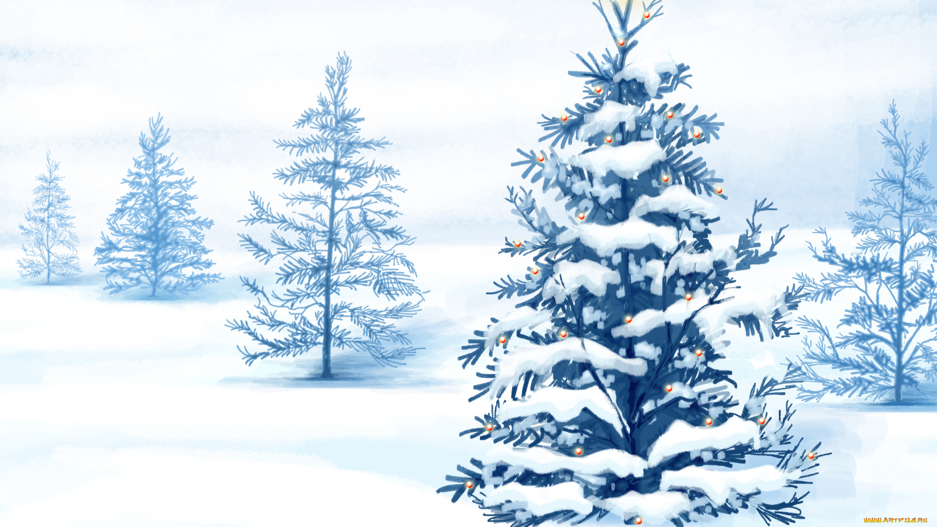 праздничные, рисованные, елка, снег, новый, год, зима