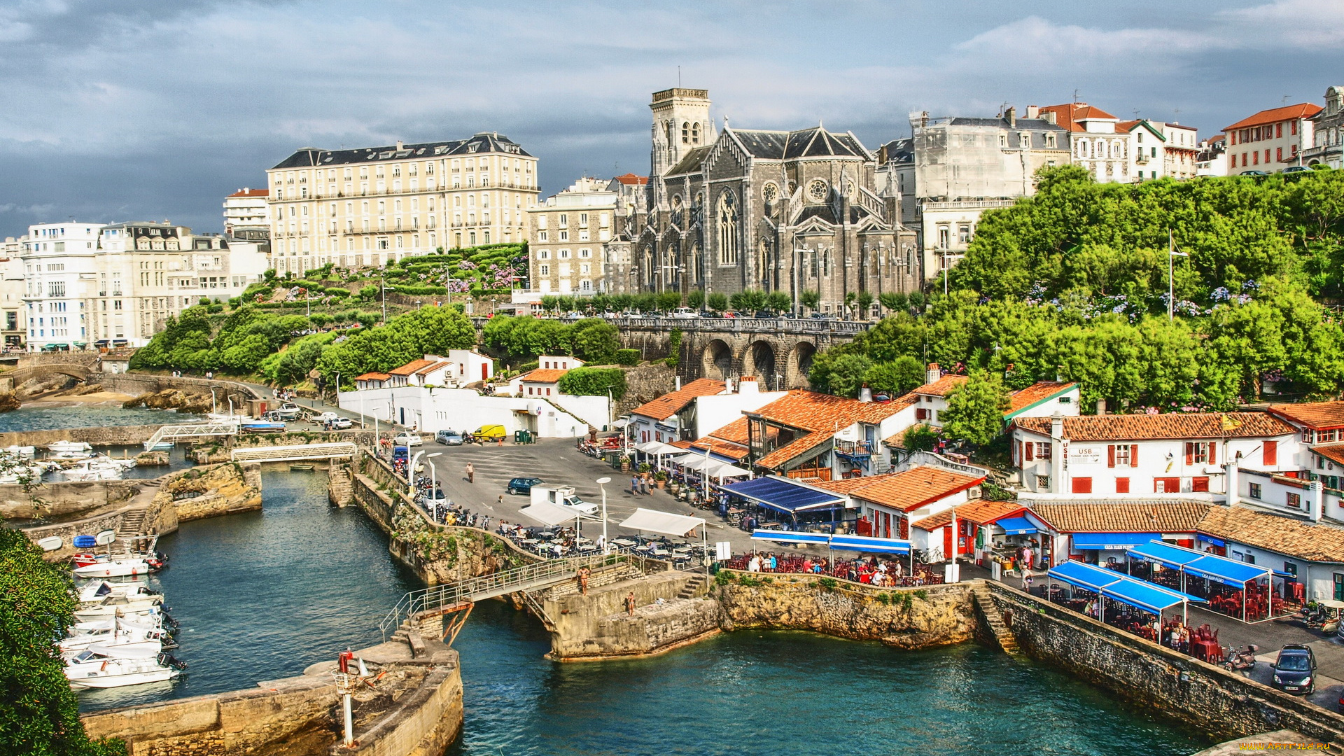 франция, аквитания, биарриц, города, панорамы, дома, река, мосты, площадь