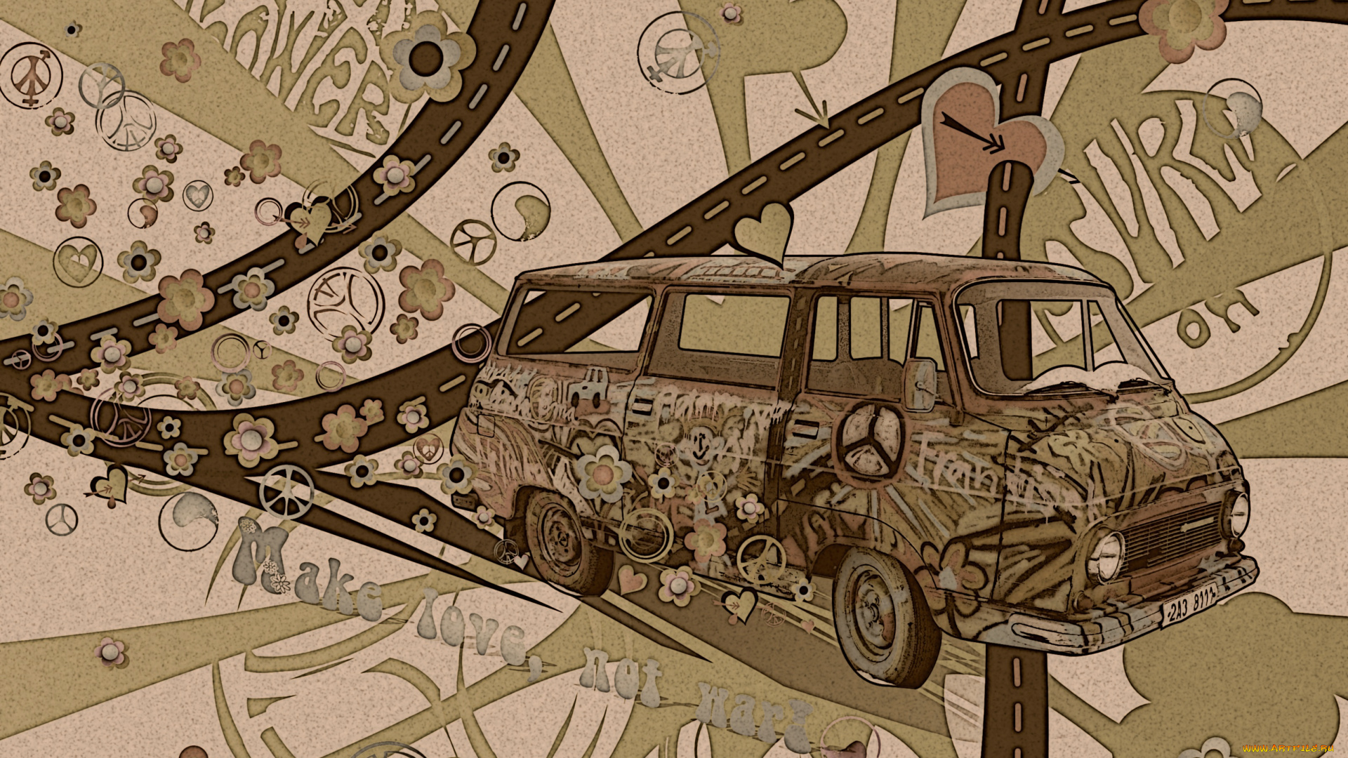 хиппи, векторная, графика, автобус, надписи