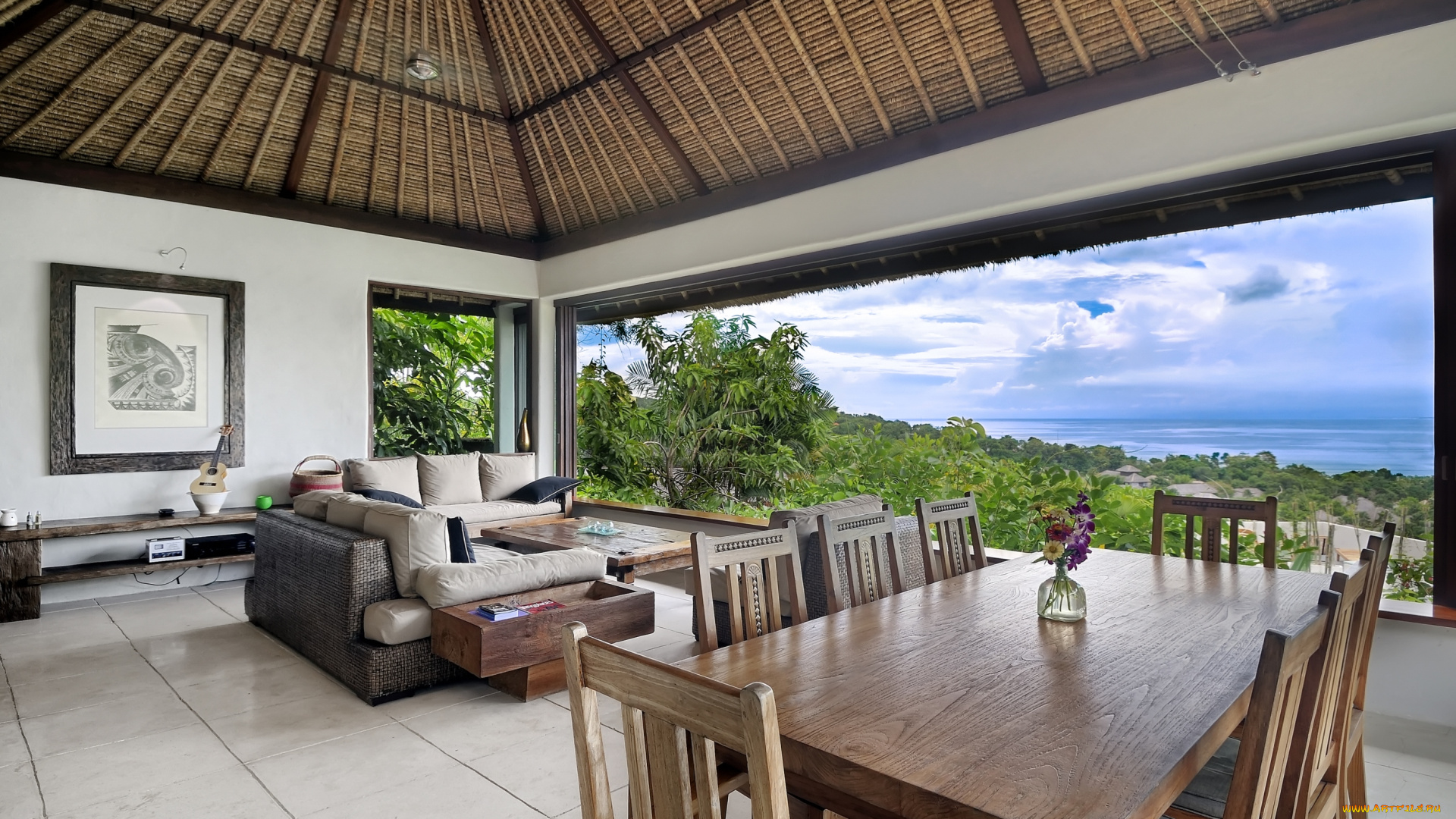 интерьер, веранды, террасы, балконы, диван, панорама, крыша, стол