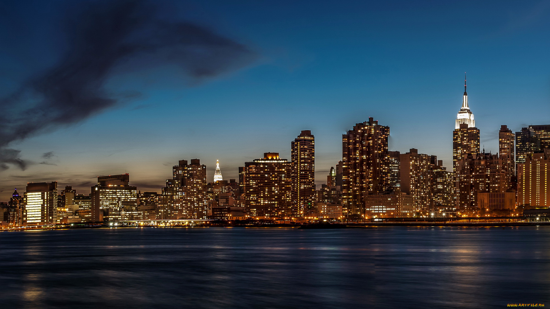 new, york, города, нью, йорк, сша, ночь, огни, здания, река