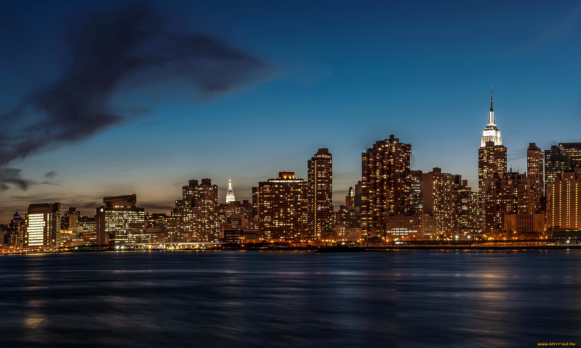 new, york, города, нью, йорк, сша, ночь, огни, здания, река