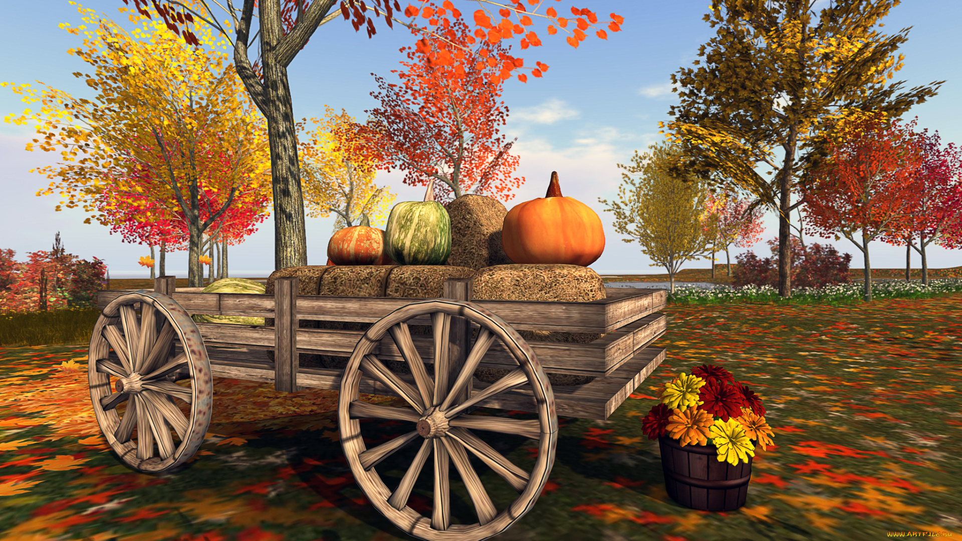 3д, графика, -другое, телега, деревья, тыквы