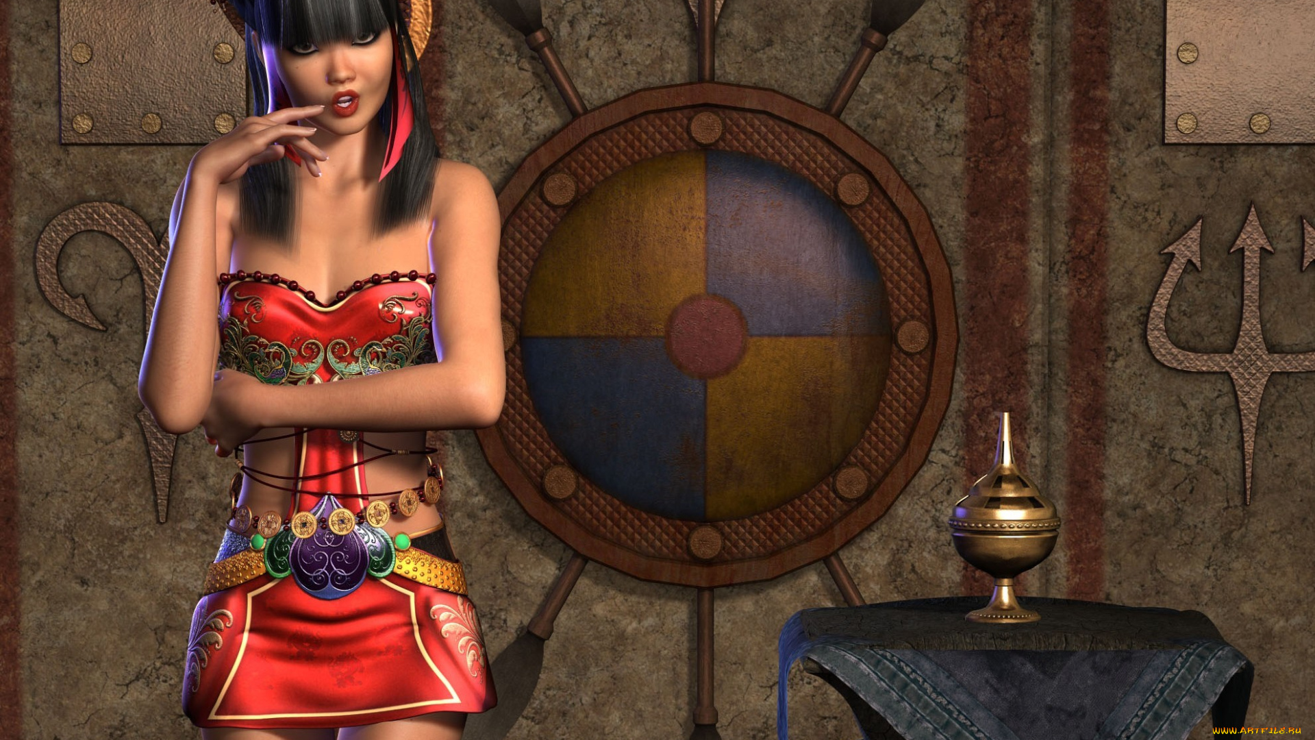 3д, графика, people, , люди, девушка, азиатка, прическа, кувшин