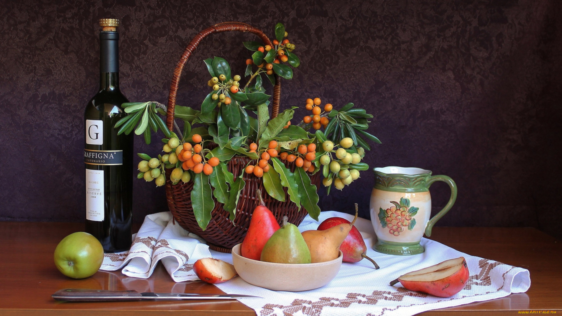 еда, натюрморт, вино, груши, яблоко, ягоды