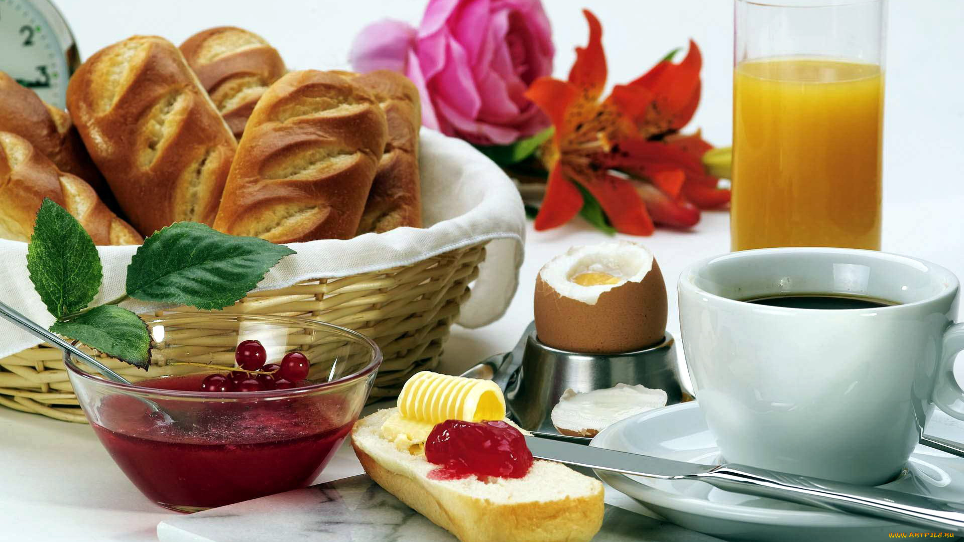 еда, разное, хлеб, яйцо, масло, джем, кофе, сок