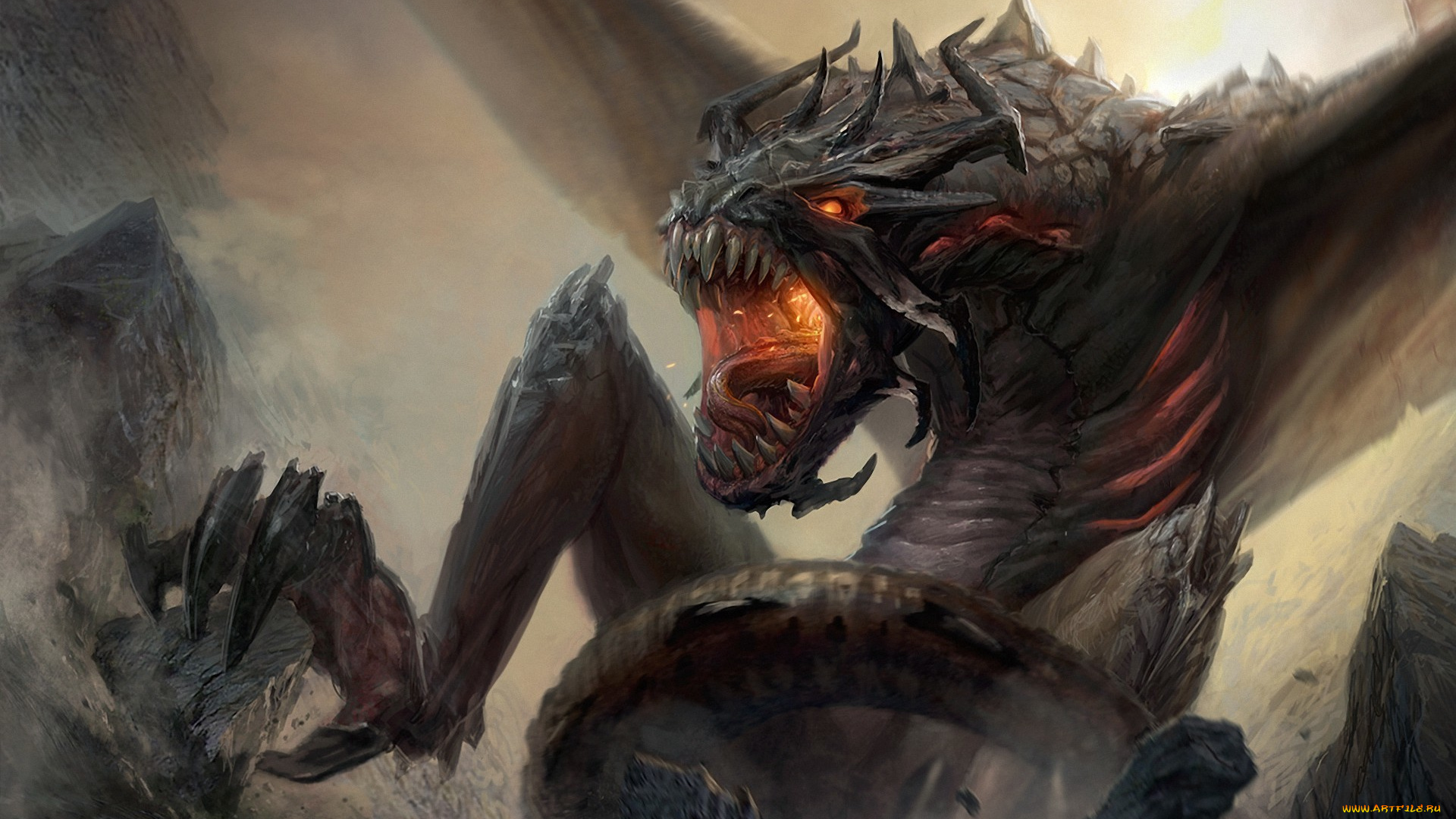 фэнтези, драконы, дракон, горы, скалы, крылья, ярость, пасть, монстр