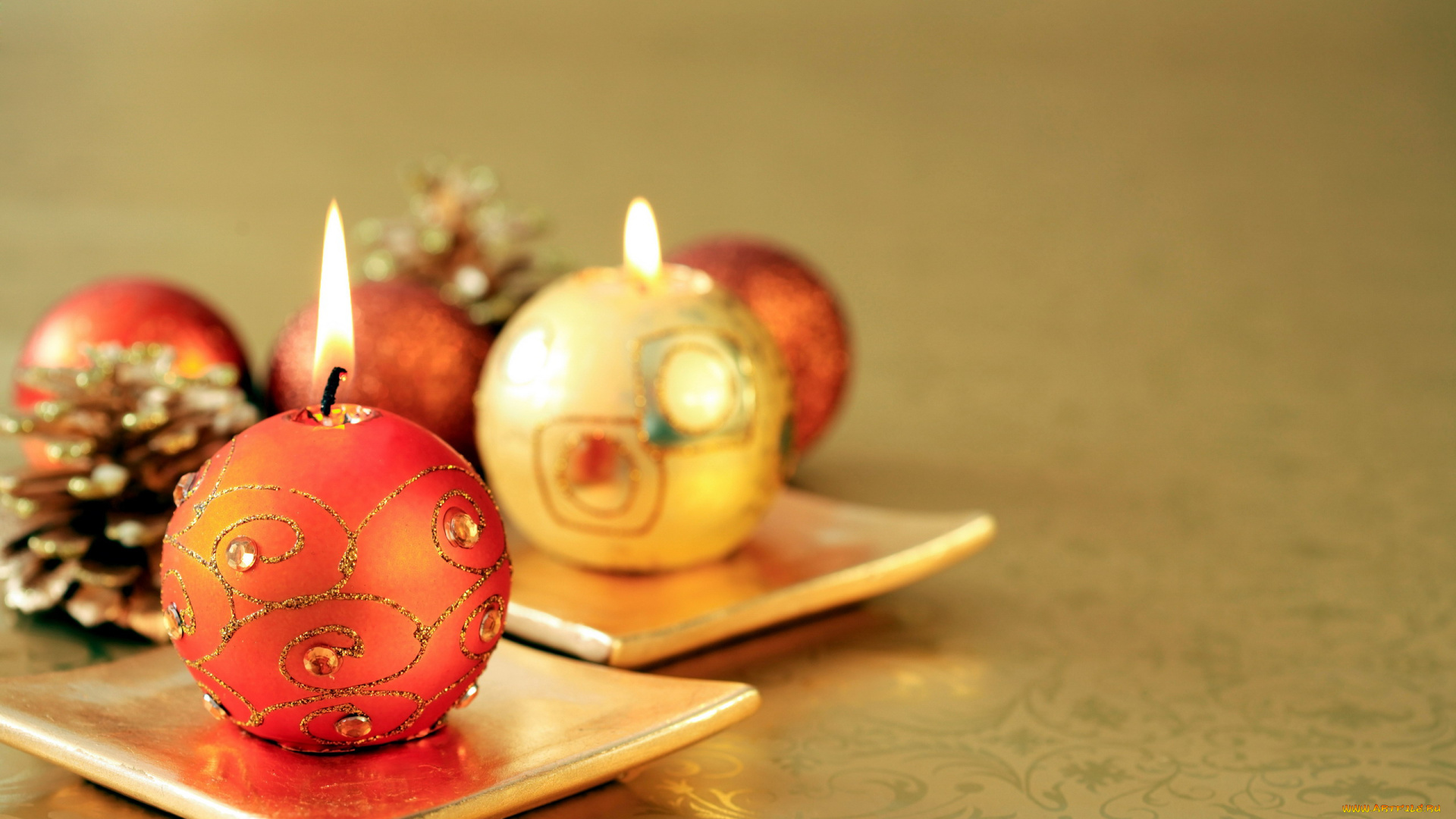 праздничные, новогодние, свечи, свечи, пламя, шишки