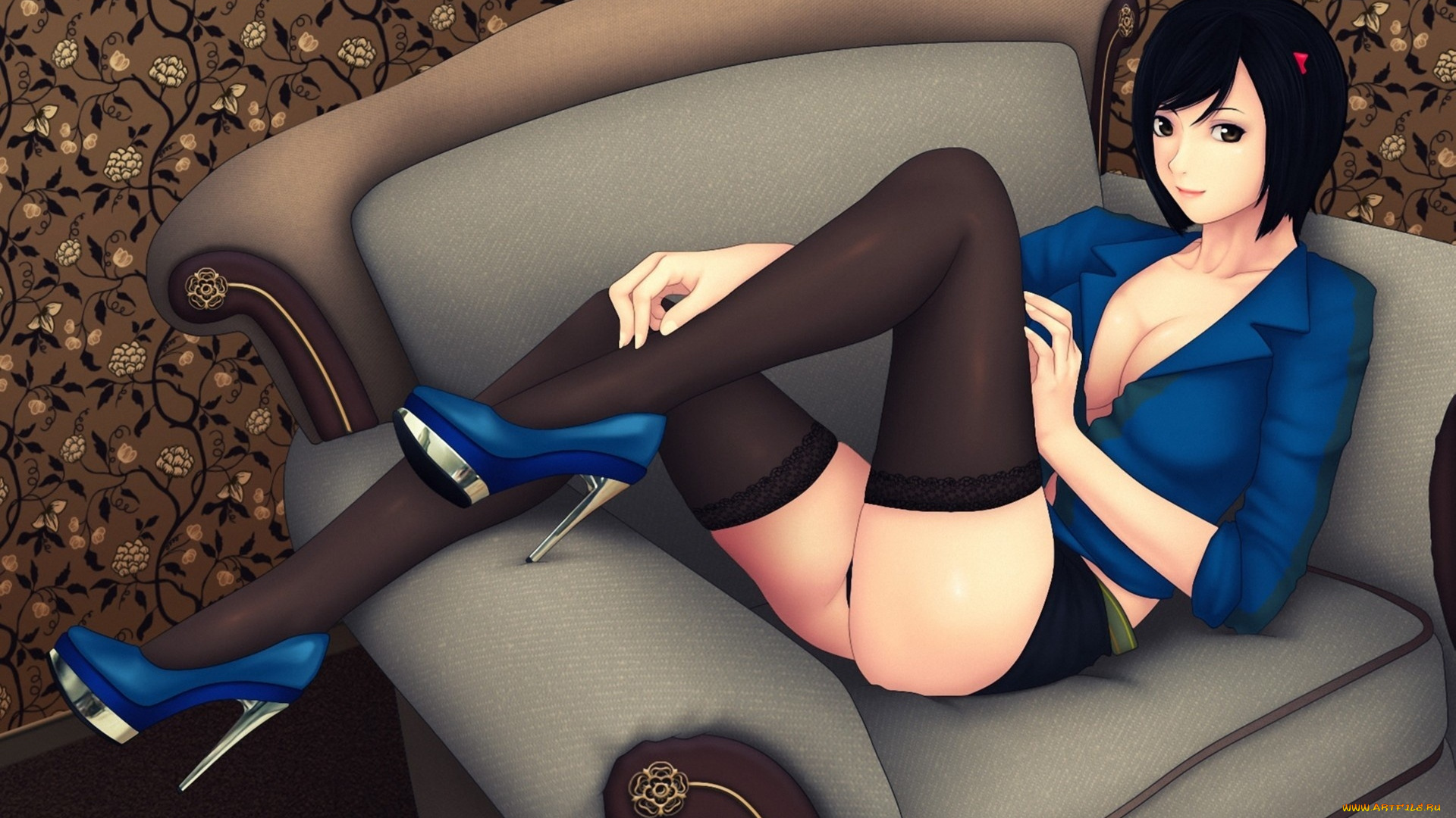 рисованные, люди, кресло, девушка