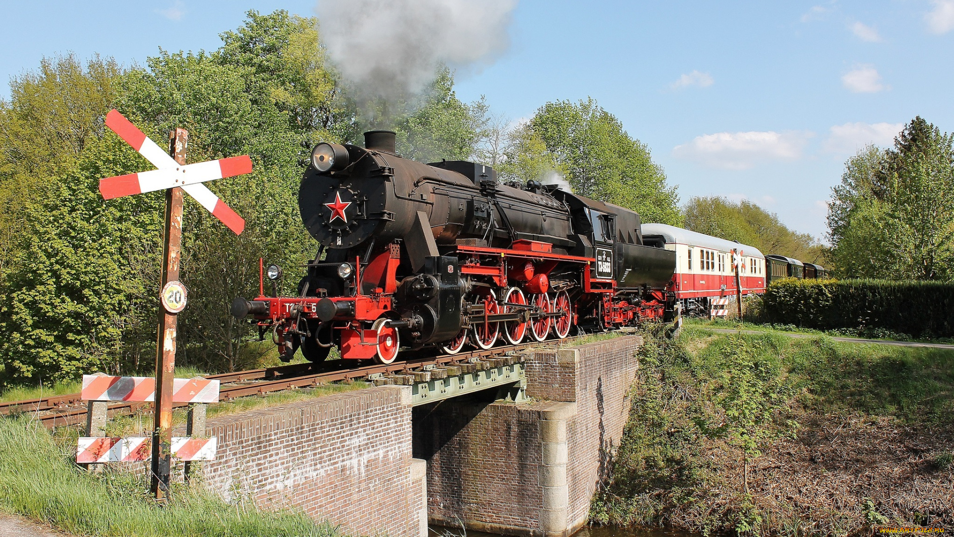 техника, паровозы, железная, дорога, рельсы, паровоз, вагоны, мост