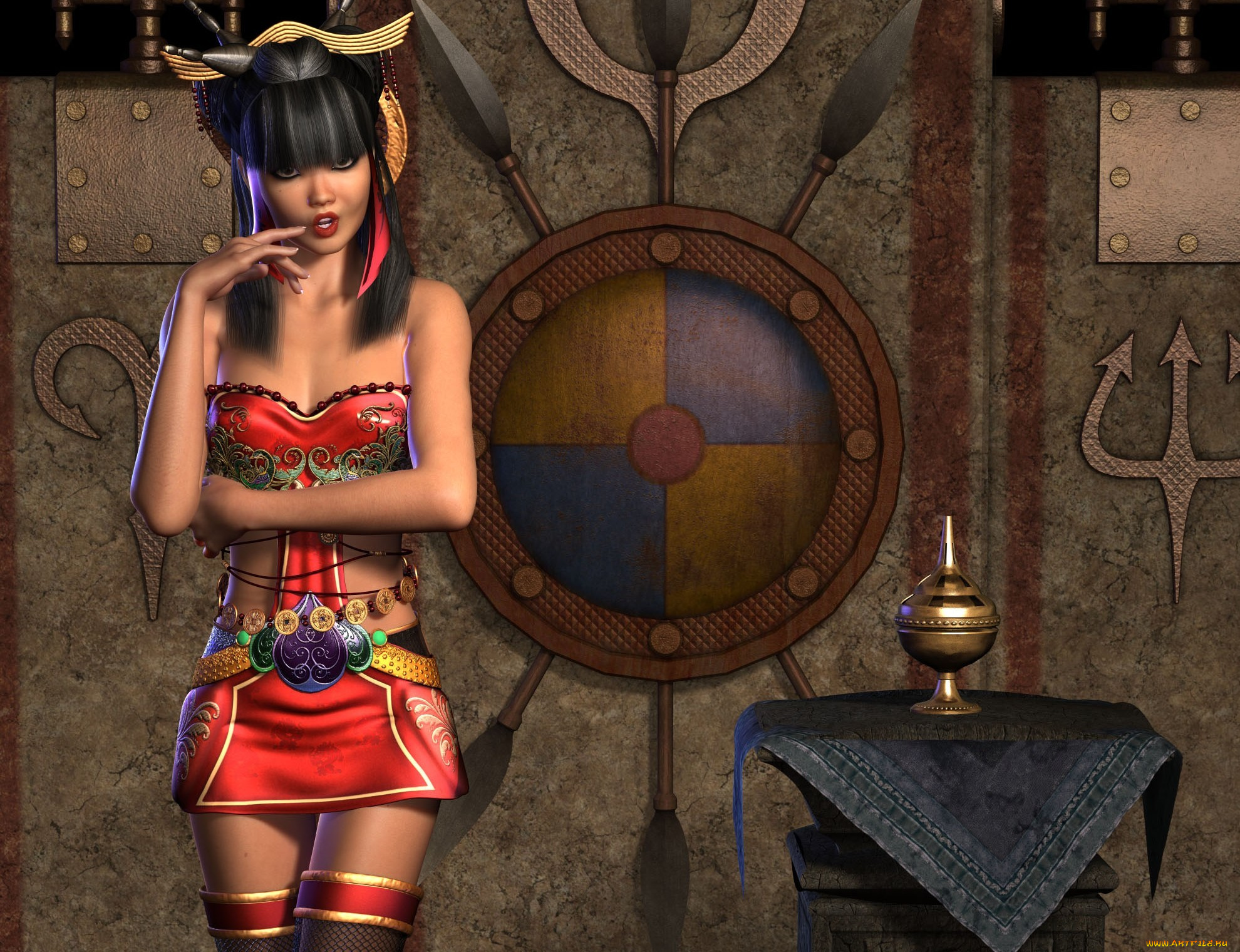 3д, графика, people, , люди, девушка, азиатка, прическа, кувшин