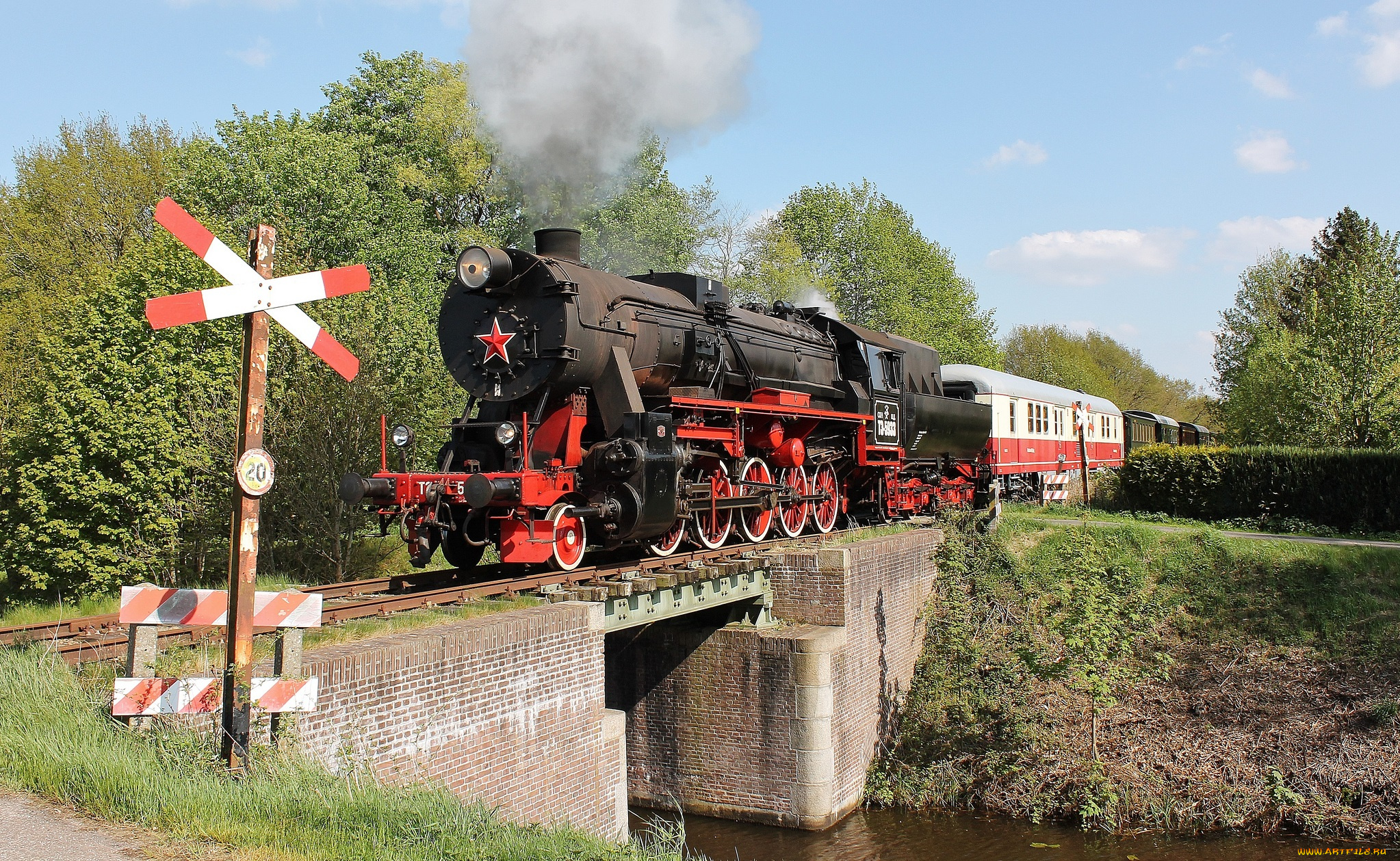 техника, паровозы, железная, дорога, рельсы, паровоз, вагоны, мост