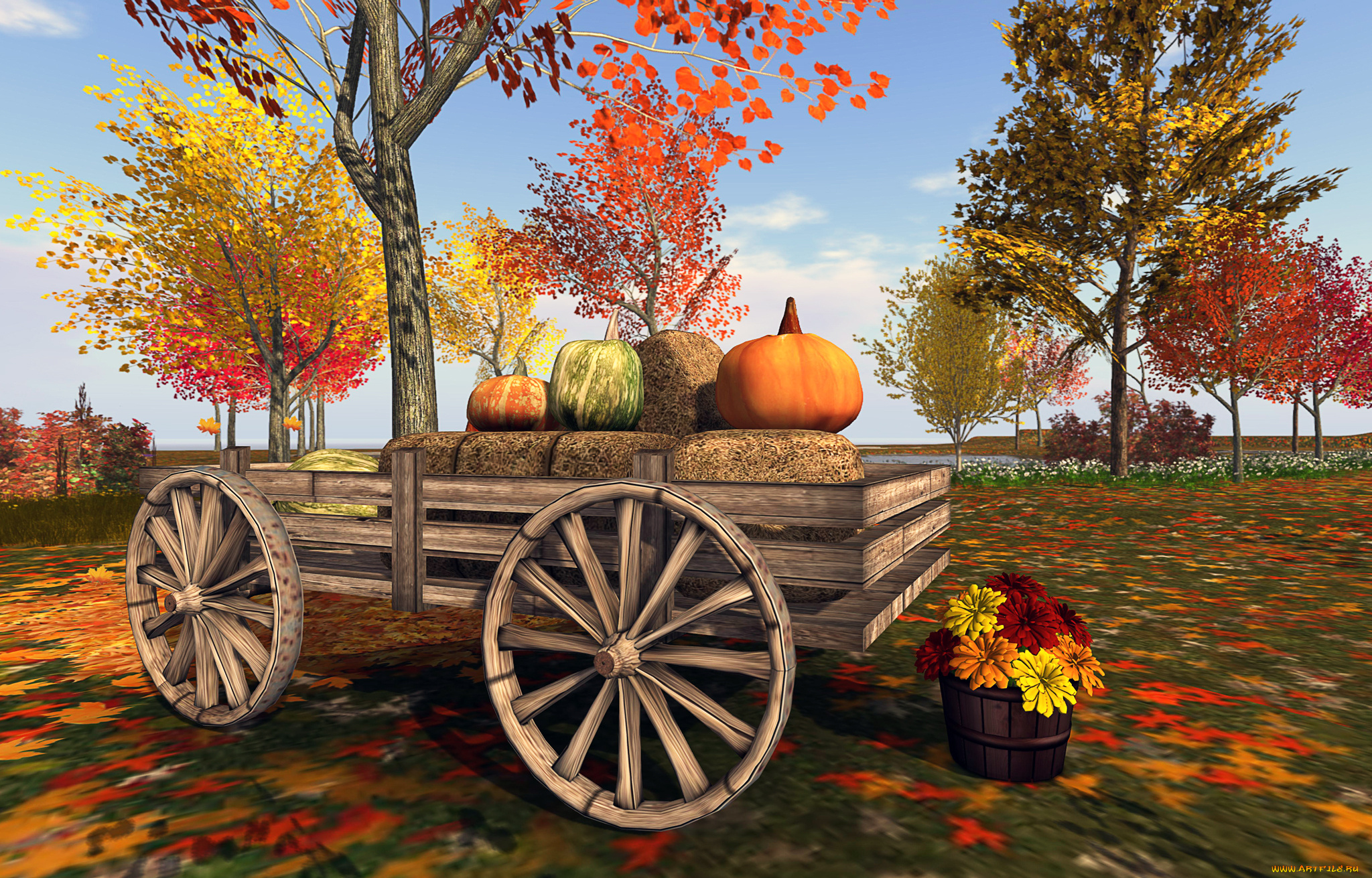 3д, графика, -другое, телега, деревья, тыквы