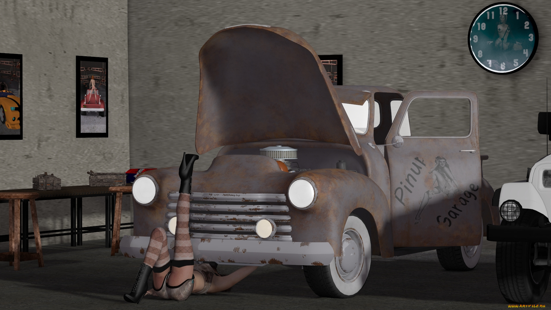 автомобили, 3d, car&girl, девушка, картины, часы, автомобиль, фон, взгляд