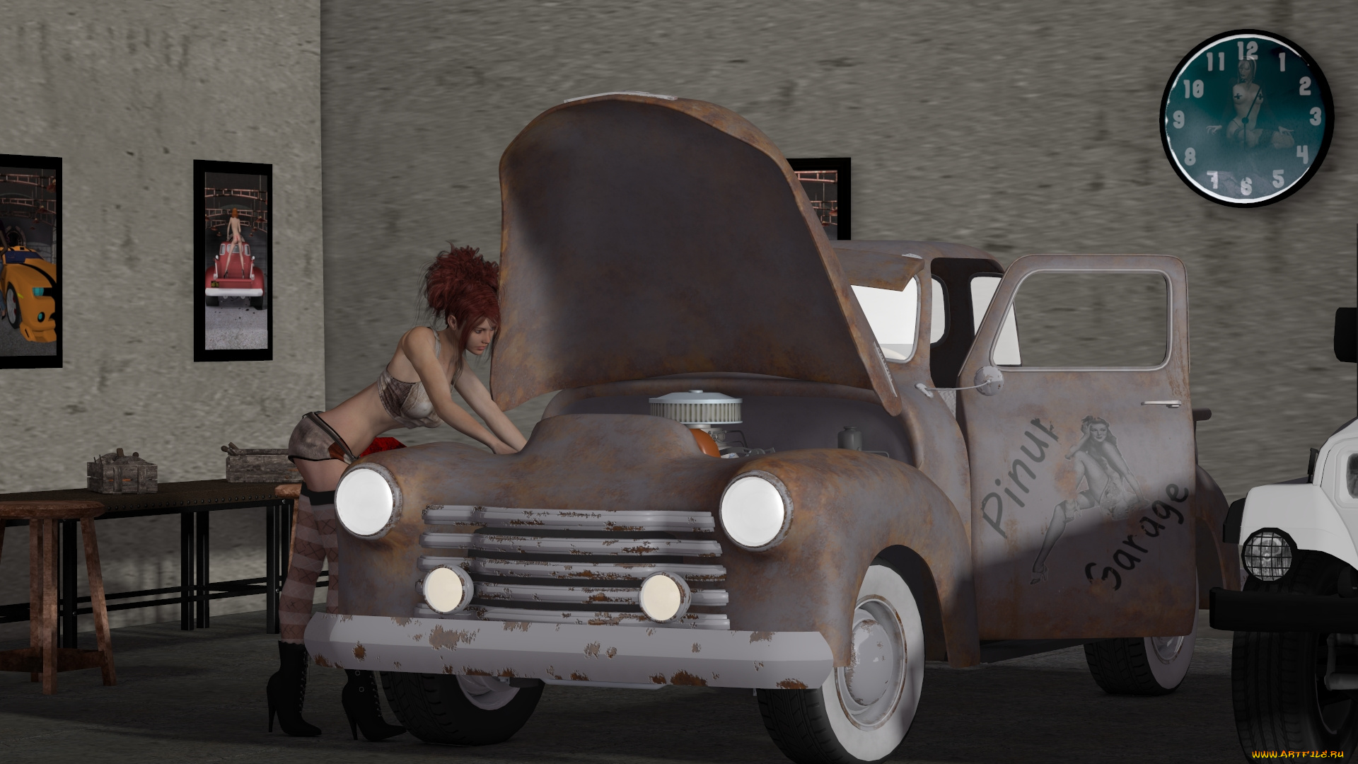 автомобили, 3d, car&girl, картины, часы, автомобиль, фон, взгляд, девушка