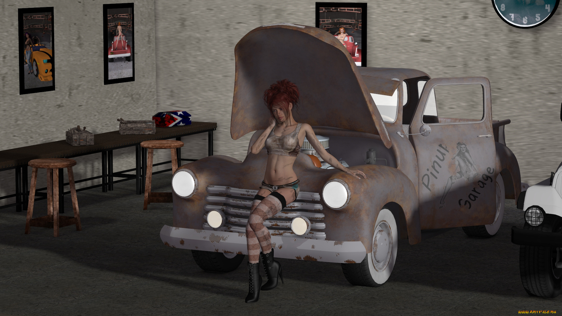 автомобили, 3d, car&girl, картины, часы, автомобиль, фон, взгляд, девушка