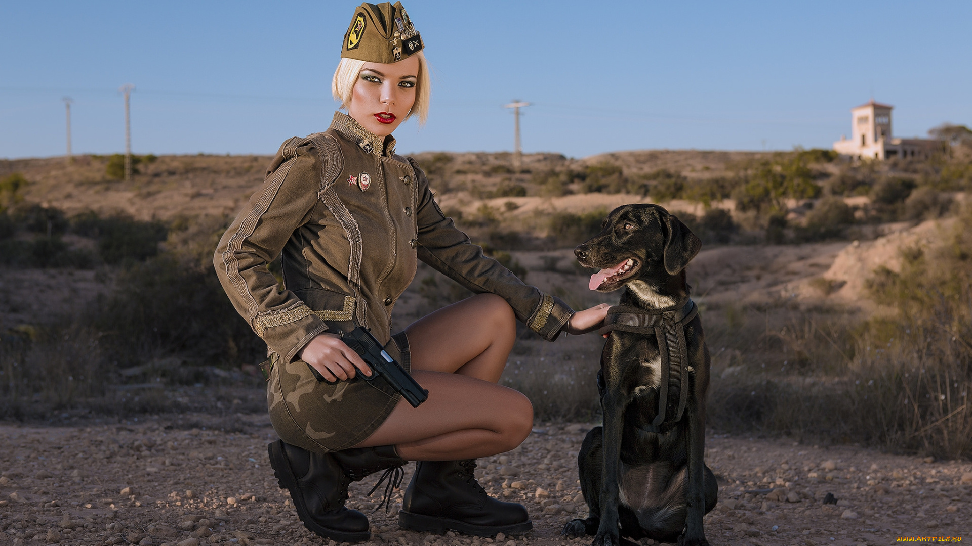 девушки, -unsort, , девушки, с, оружием, девица, форма, пистолет, собака