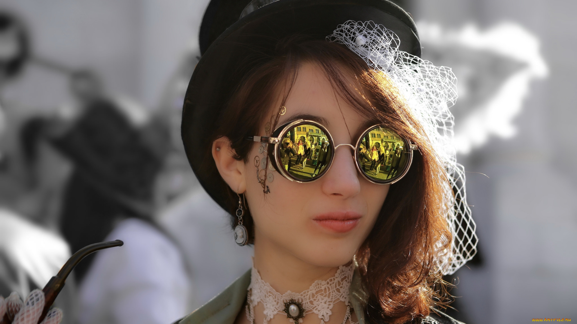 девушки, -unsort, , креатив, лицо, взгляд, очки, шляпка, трубка, жест