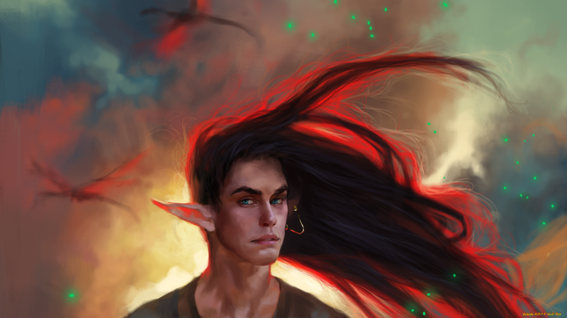 фэнтези, эльфы, эльф, парень, искры, волосы, взгляд, брюнет, арт