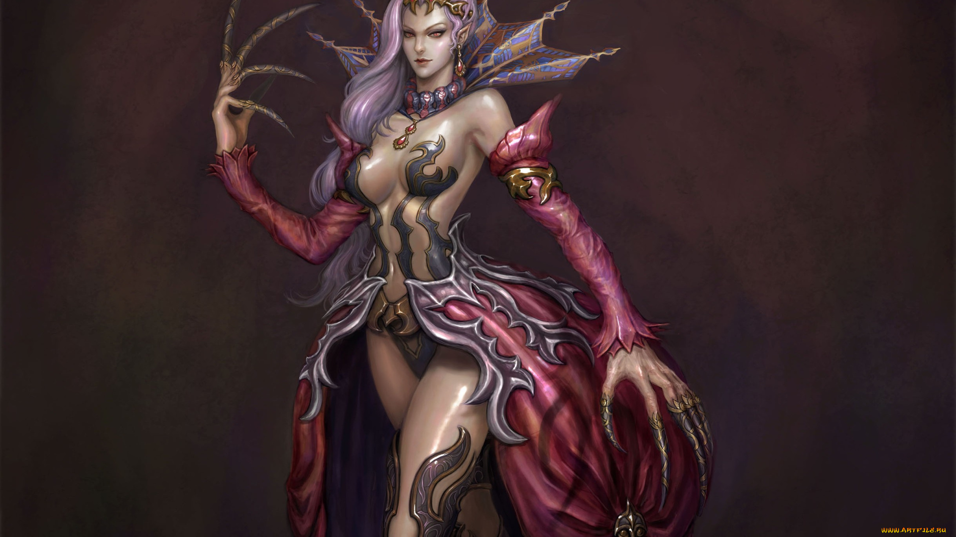 фэнтези, эльфы, когти, монстр, королева, украшения, девушка, арт, фон, платье