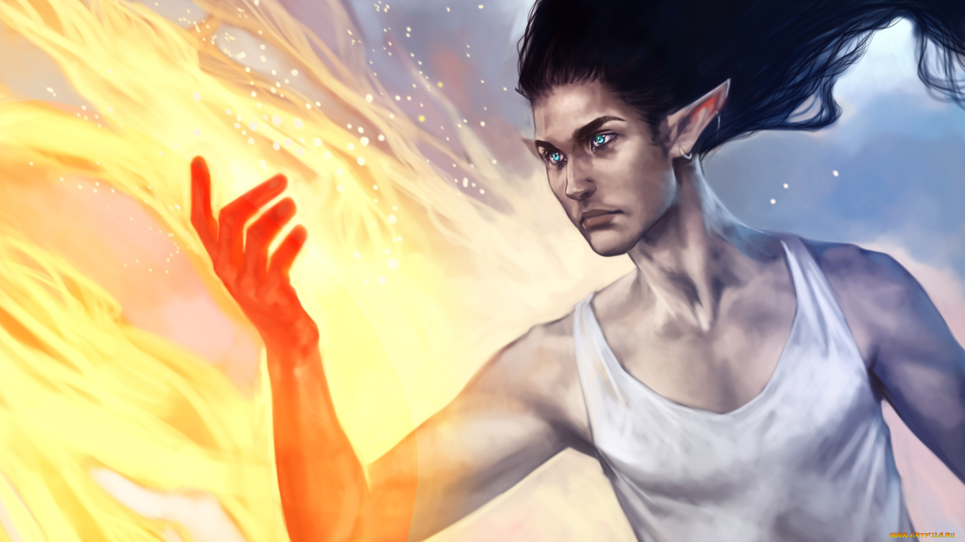 фэнтези, эльфы, парень, огонь, эльф, арт, брюнет, магия, маг, пламя