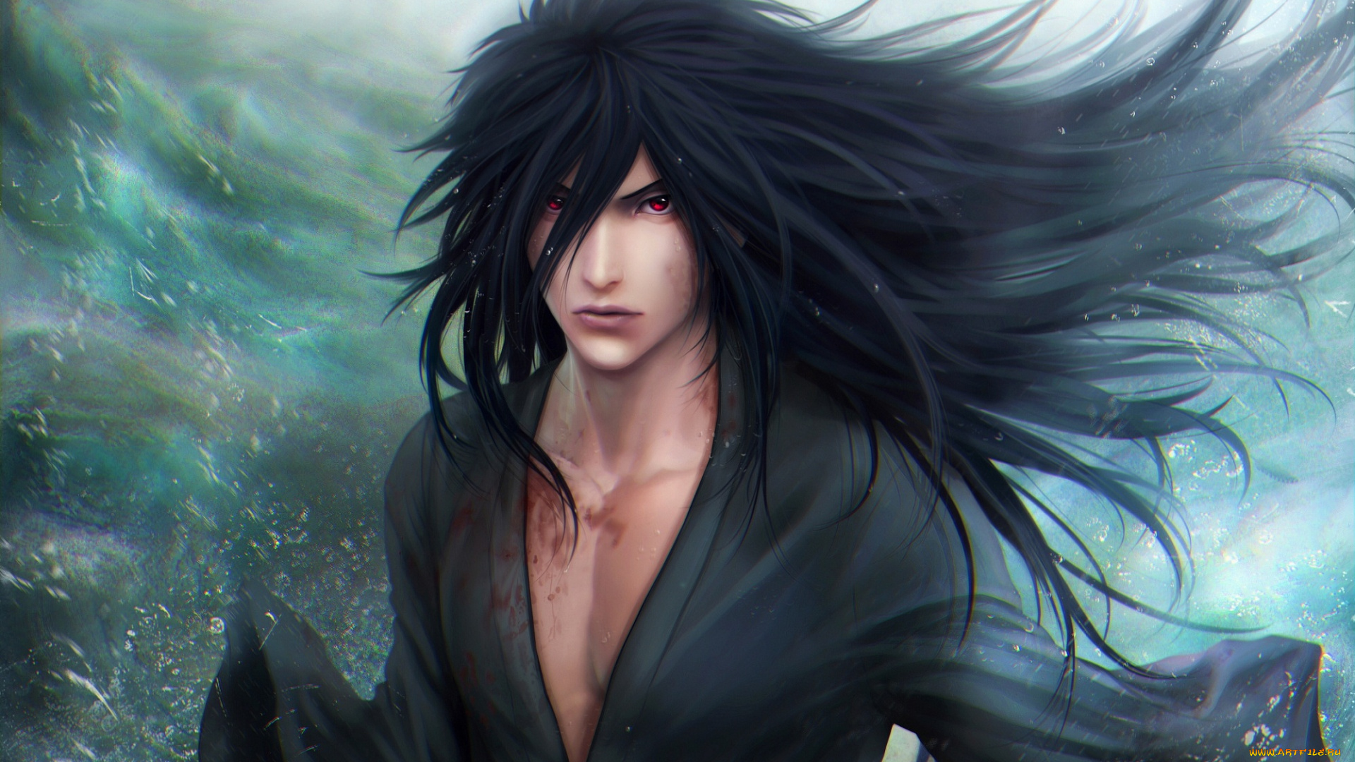 фэнтези, люди, naruto, наруто, море, взгляд, ветер, кровь, zetsuai89, art, uchiha, madara, парень