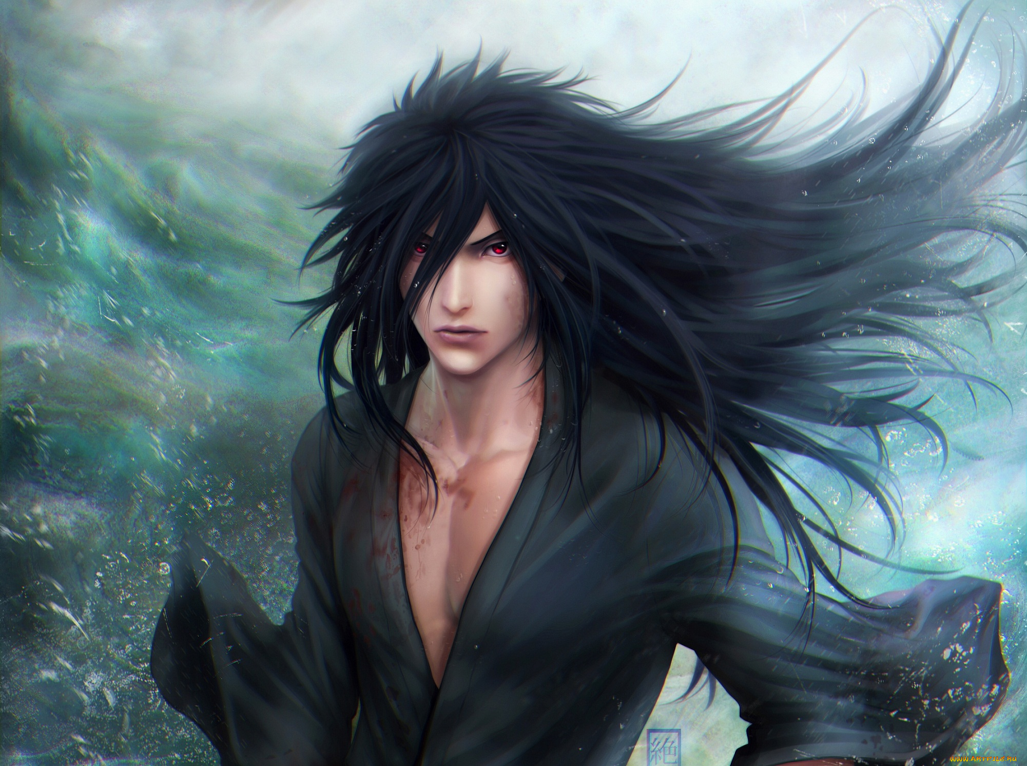 фэнтези, люди, naruto, наруто, море, взгляд, ветер, кровь, zetsuai89, art, uchiha, madara, парень