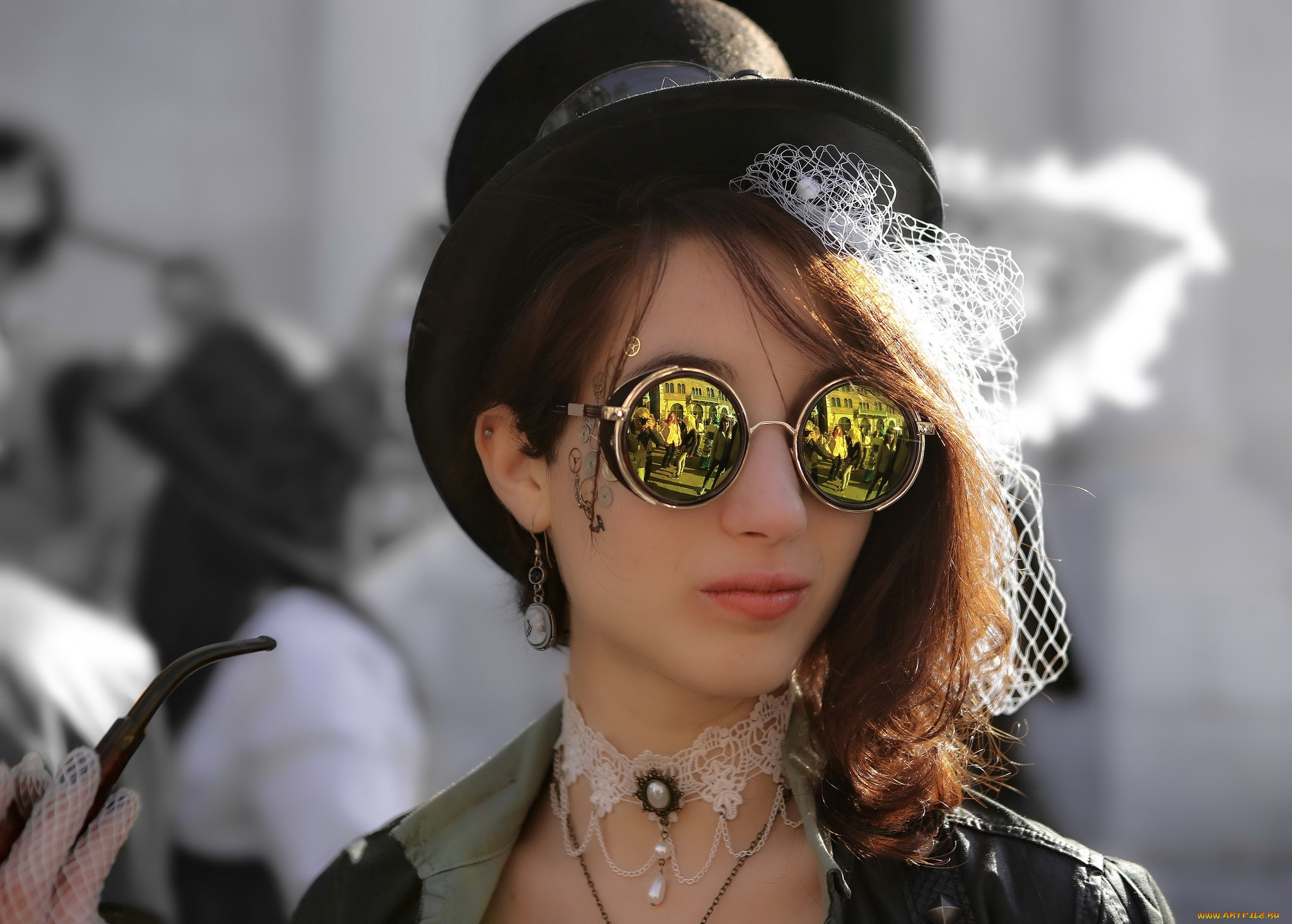 девушки, -unsort, , креатив, лицо, взгляд, очки, шляпка, трубка, жест