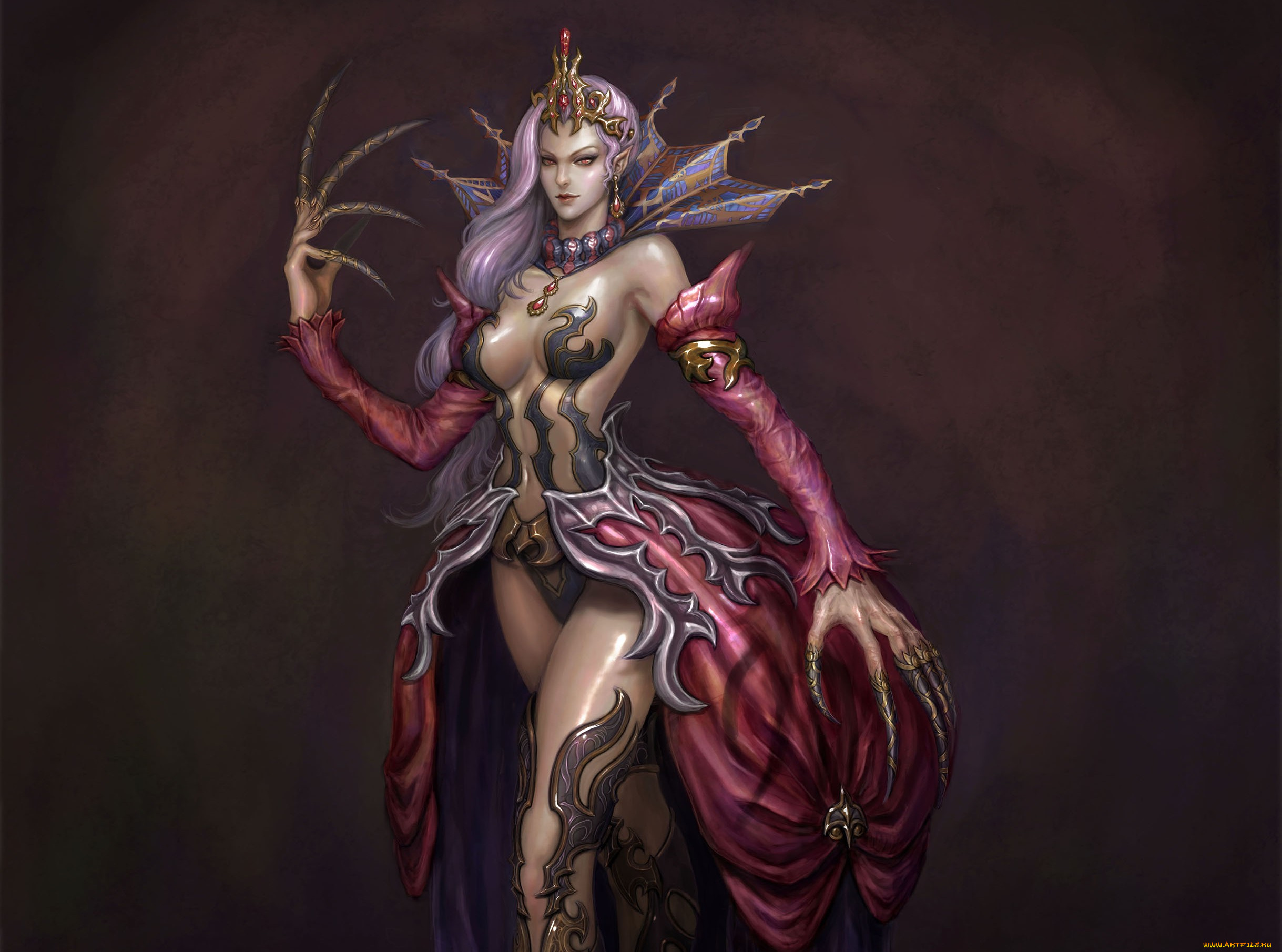 фэнтези, эльфы, когти, монстр, королева, украшения, девушка, арт, фон, платье