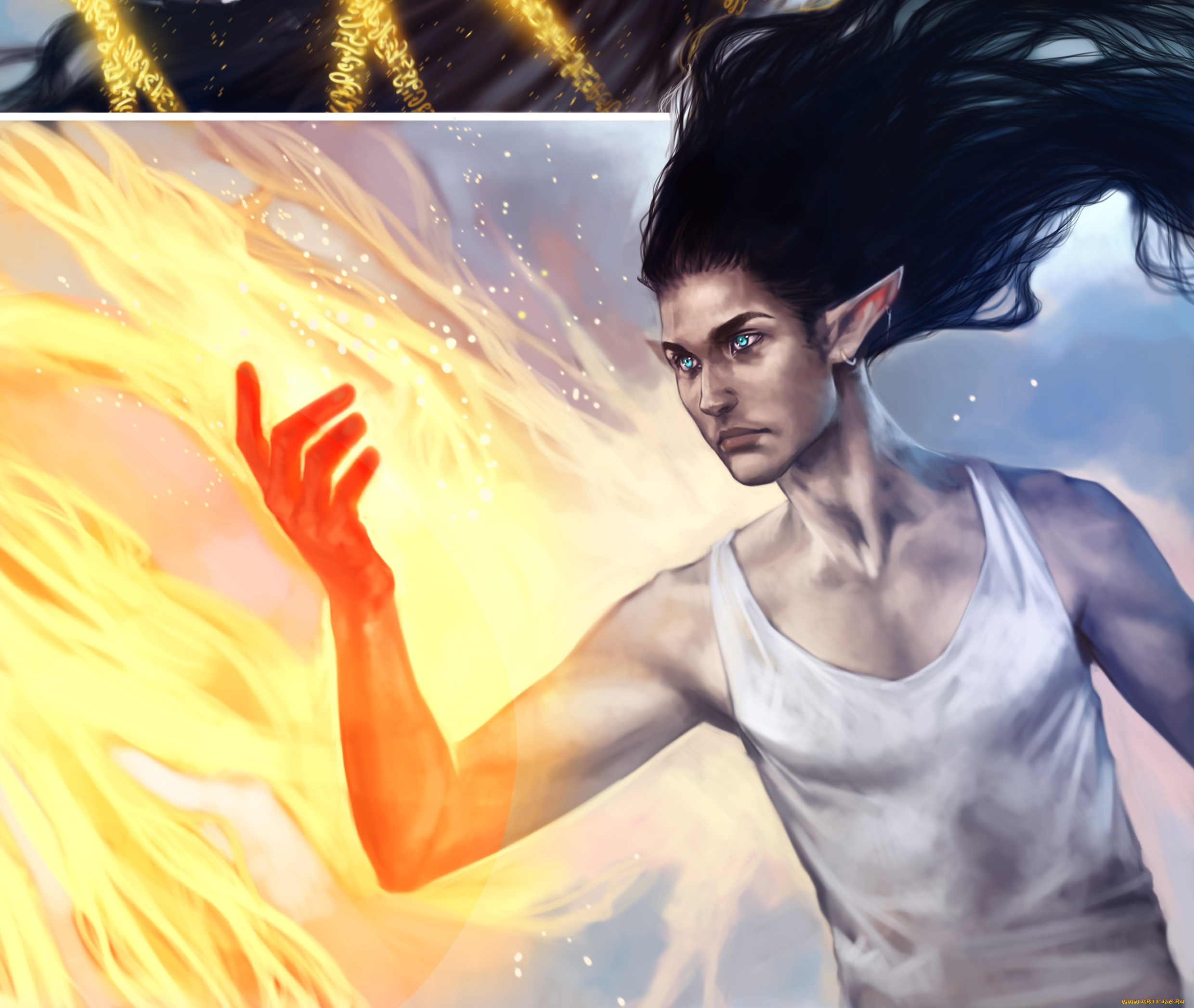 фэнтези, эльфы, парень, огонь, эльф, арт, брюнет, магия, маг, пламя